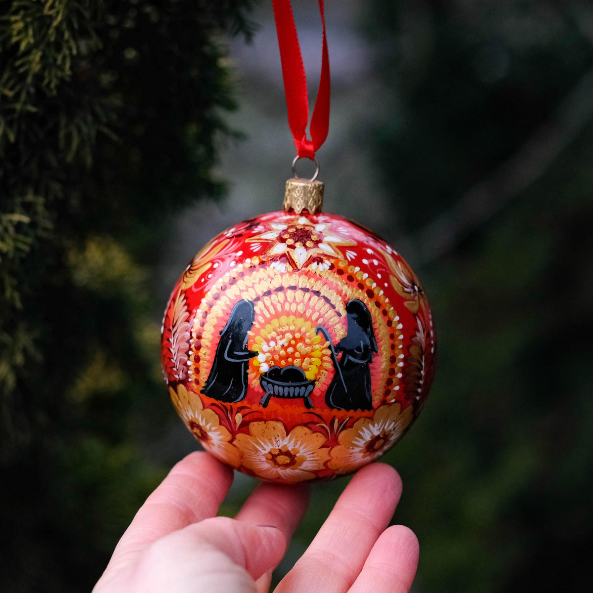 Hand-painted Nativity scene ornament - Ukrainian Folk Art Petrykivka Christmas ball, Red flower bauble ornament