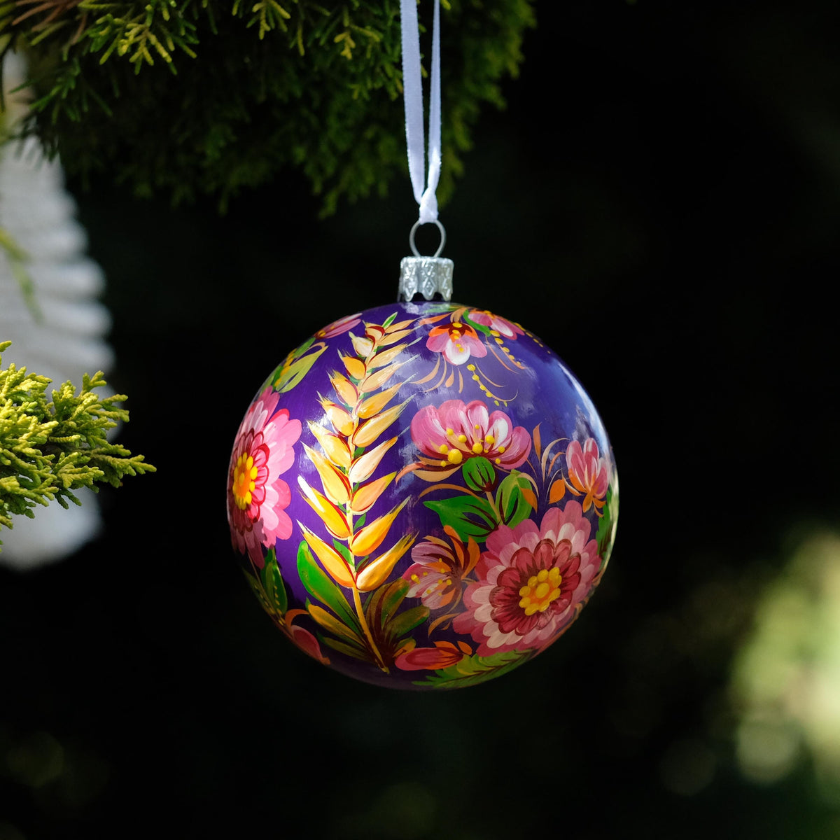 Painted Spike of Wheat Christmas Ball Ornament with Ukrainian Folk Art Petrykivka - Personalized Christmas Bauble