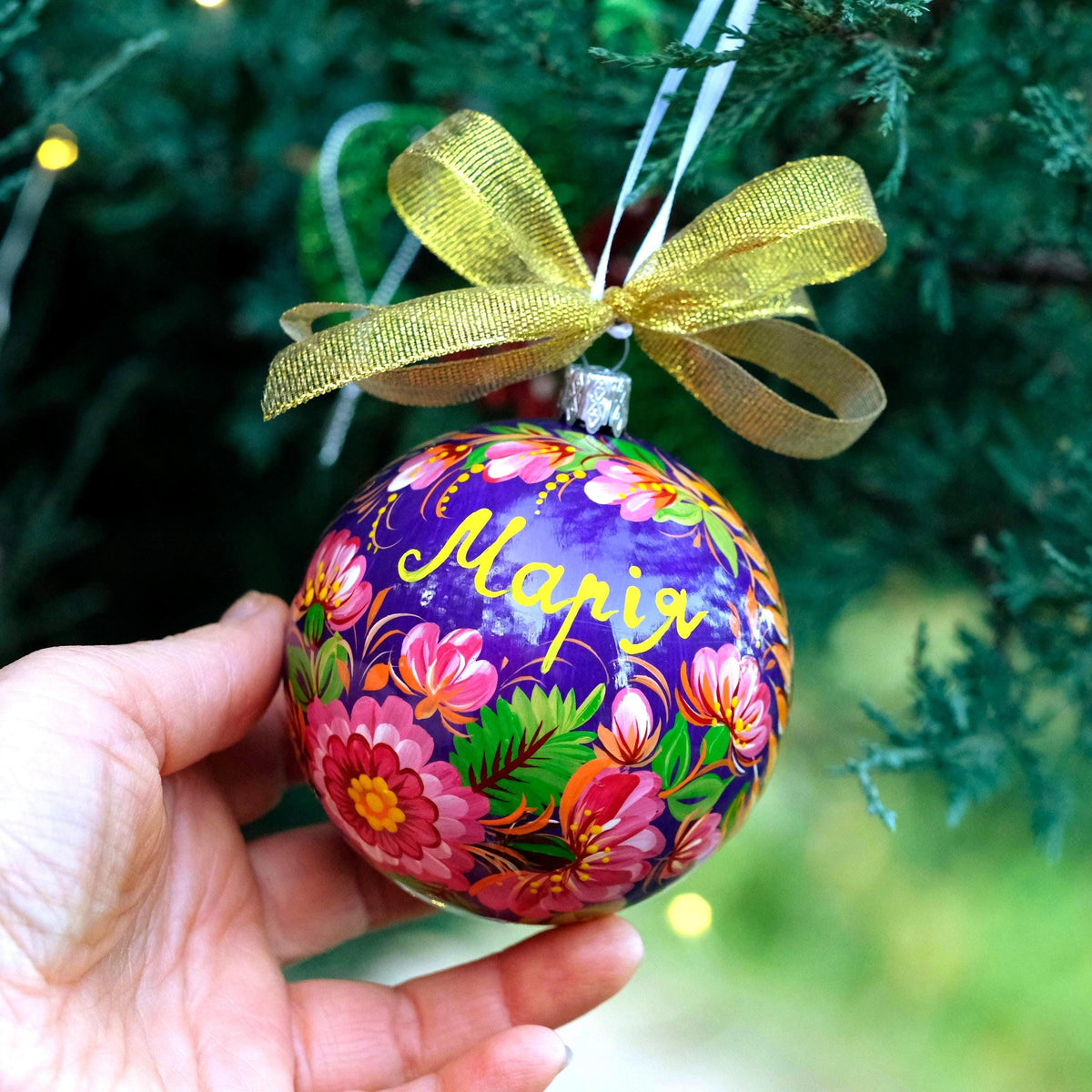 Painted Spike of Wheat Christmas Ball Ornament with Ukrainian Folk Art Petrykivka - Personalized Christmas Bauble