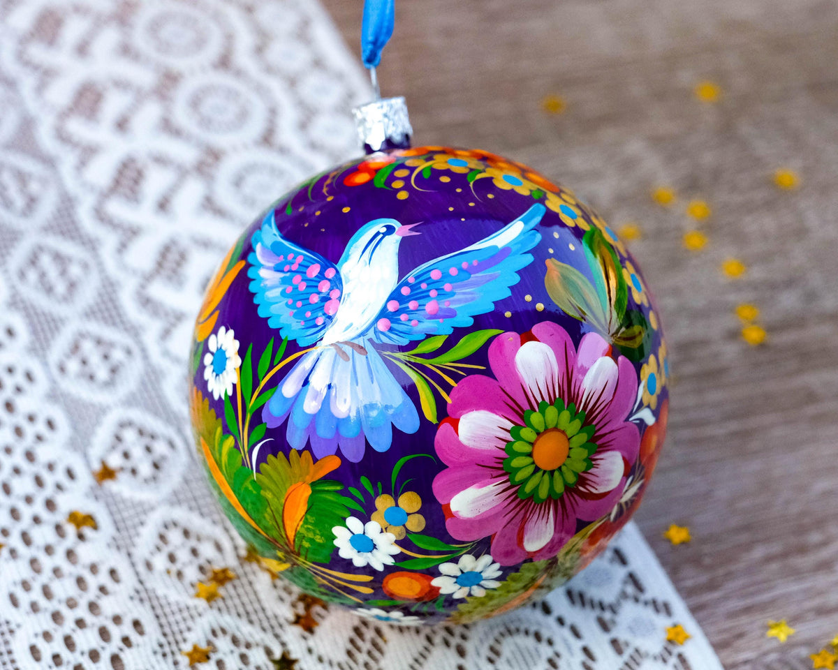 Painted Ukrainian Dove Christmas Ball - Tradotional Folk Art Petrykivka Pigeon Ornament