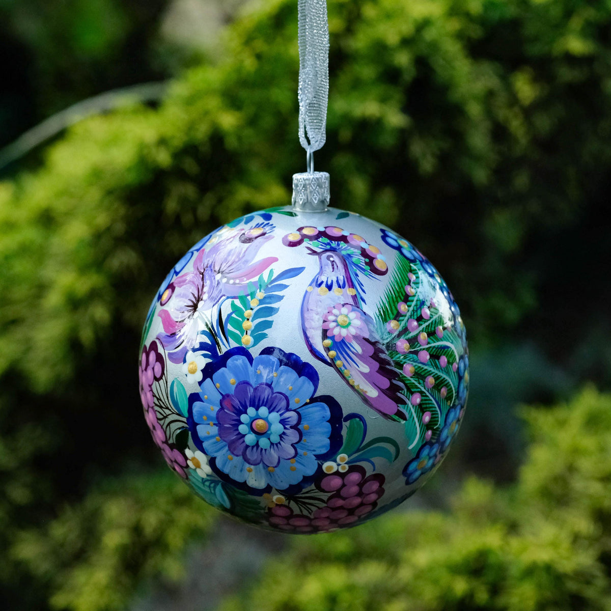 Hand-painted Bird Christmas Ornament with Ukrainian Folk Art Petrykivka