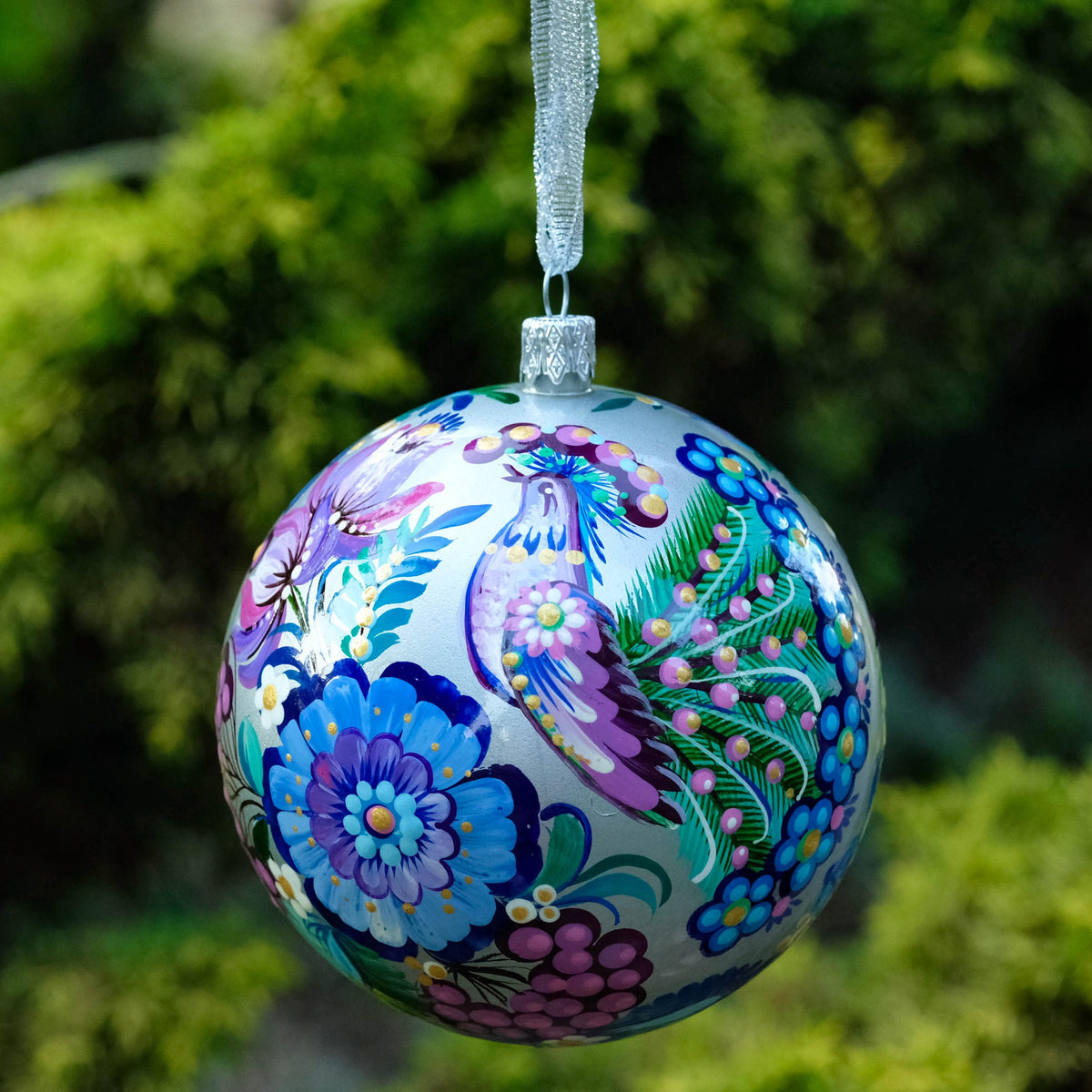 Hand-painted Bird Christmas Ornament with Ukrainian Folk Art Petrykivka