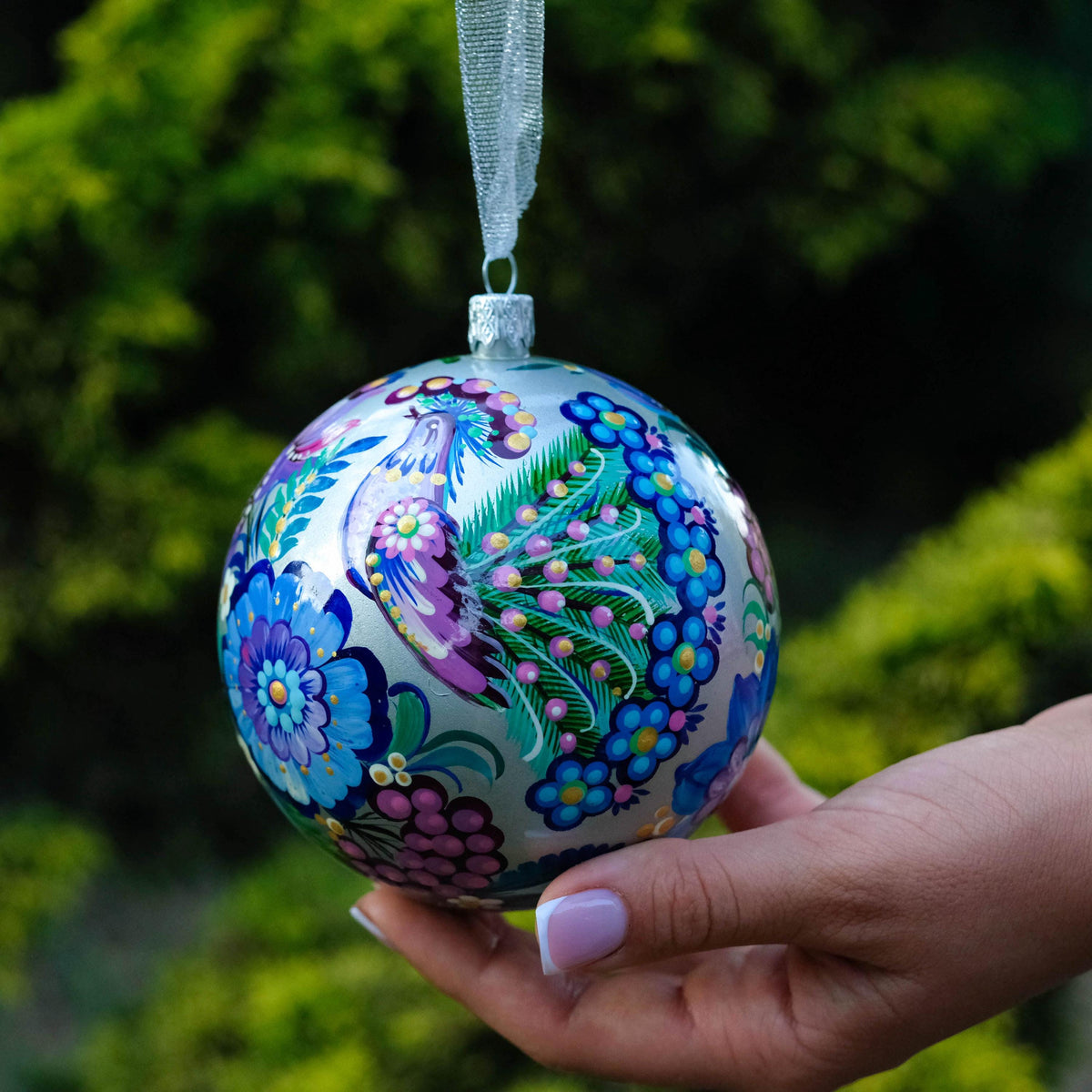 Hand-painted Bird Christmas Ornament with Ukrainian Folk Art Petrykivka
