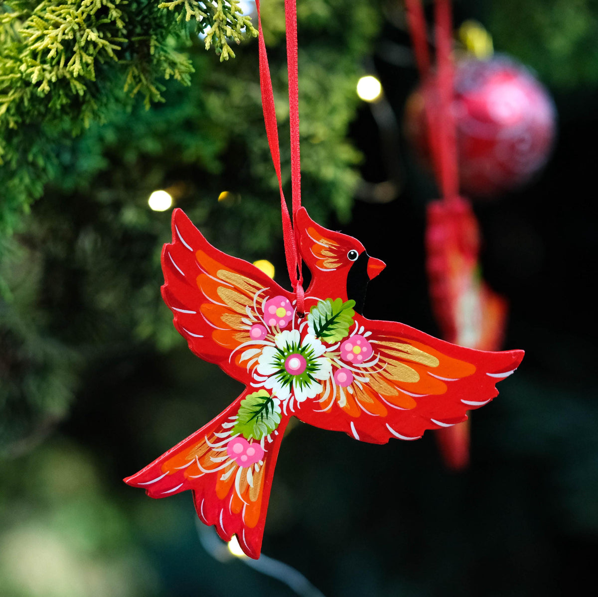 Painted Wooden Cardinal Ornament - Petrykivka Folk Art, Ukrainian Bird Christmas Decoration