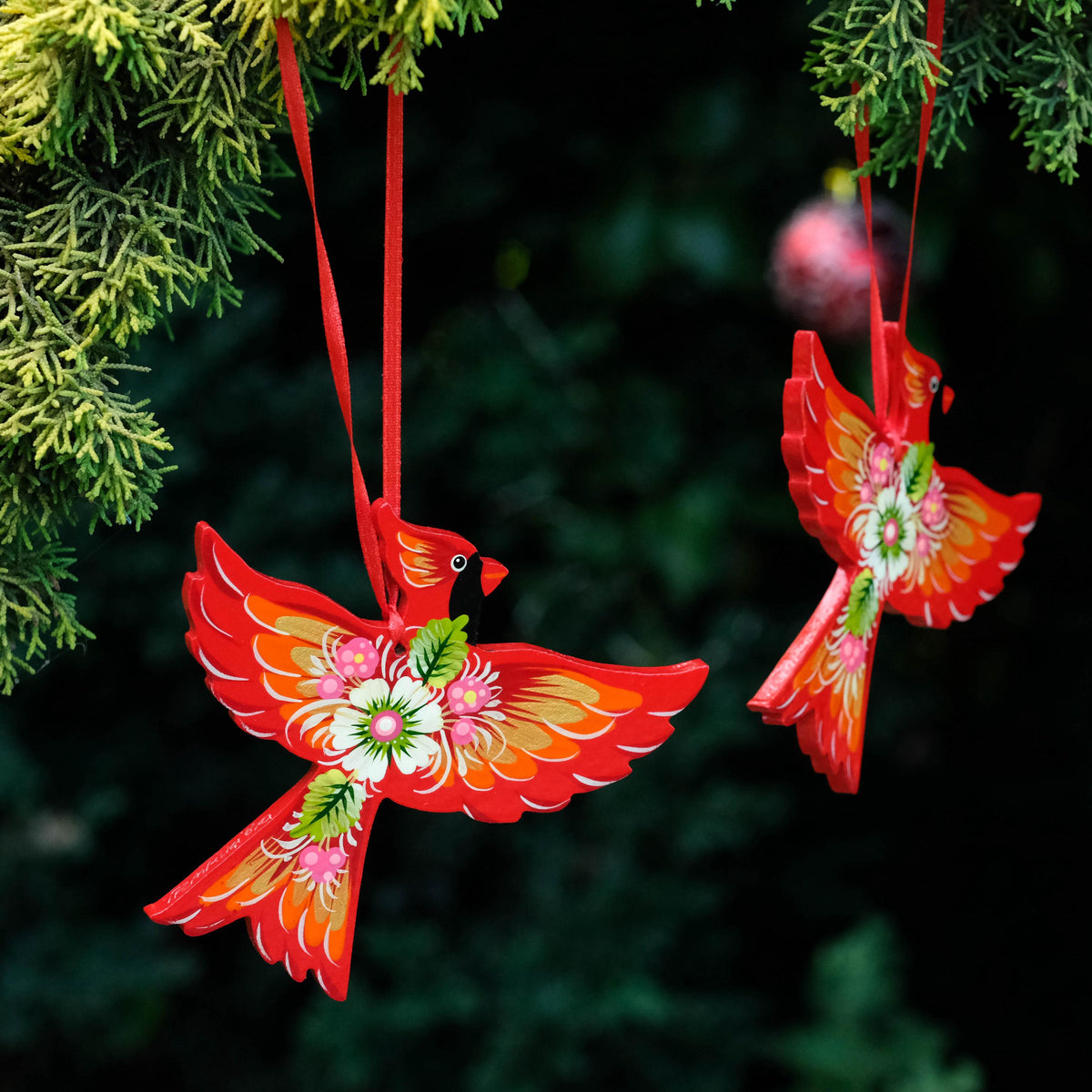 Painted Wooden Cardinal Ornament - Petrykivka Folk Art, Ukrainian Bird Christmas Decoration