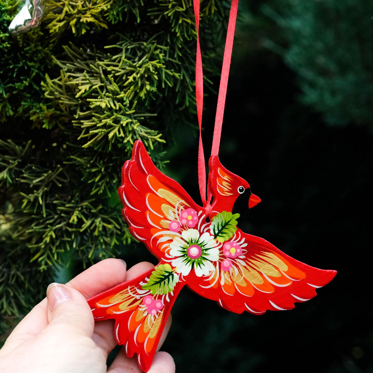Painted Wooden Cardinal Ornament - Petrykivka Folk Art, Ukrainian Bird Christmas Decoration