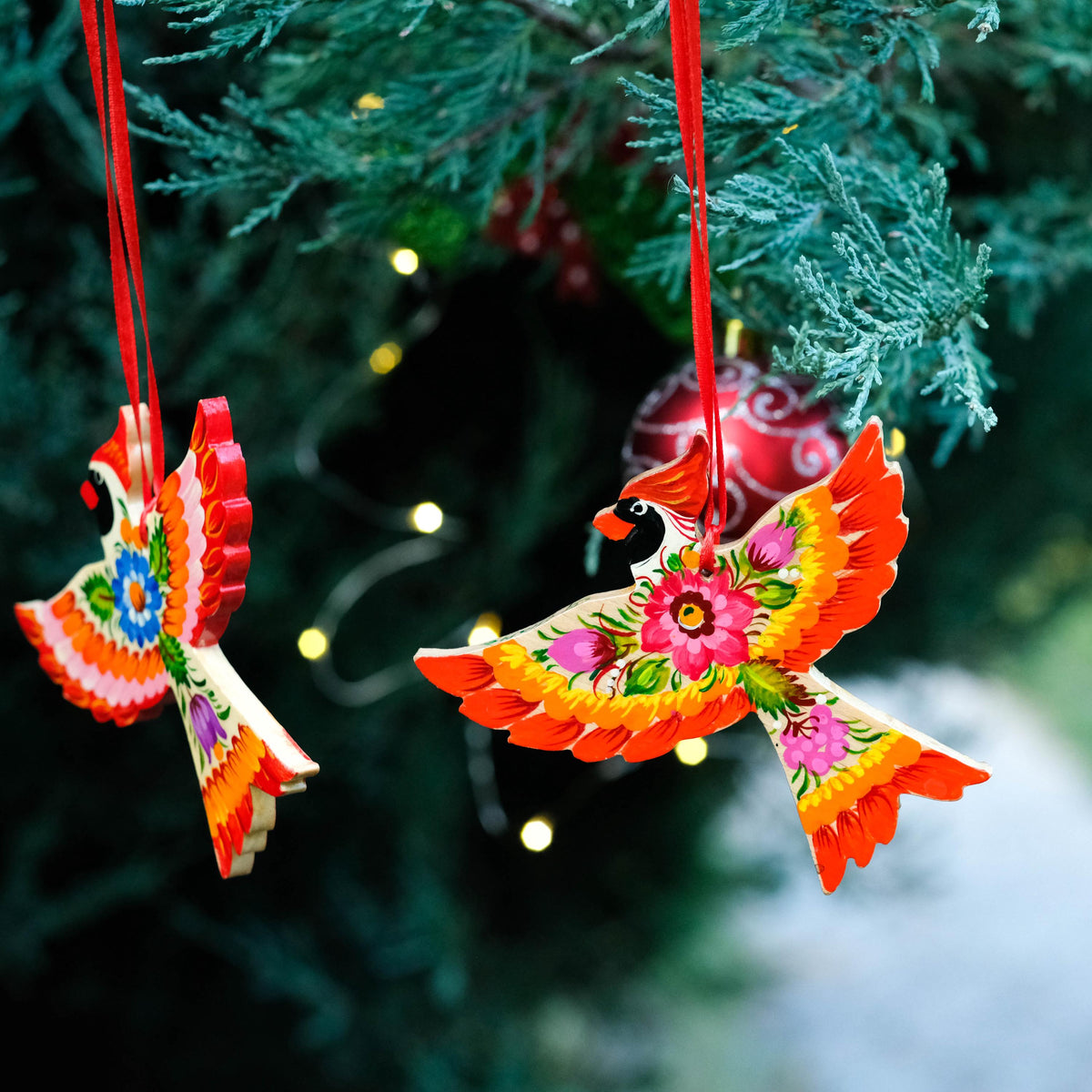 Painted Cardinal Christmas Ornament - Hand-painted Wooden Bird Tree Decoration with Ukrainian Petrykivka Folk Art