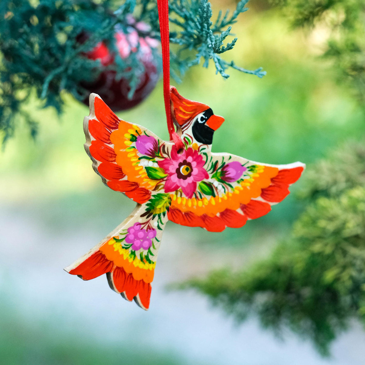 Painted Cardinal Christmas Ornament - Handmade Wooden Bird Tree Decoration with Ukrainian Petrykivka Folk Art