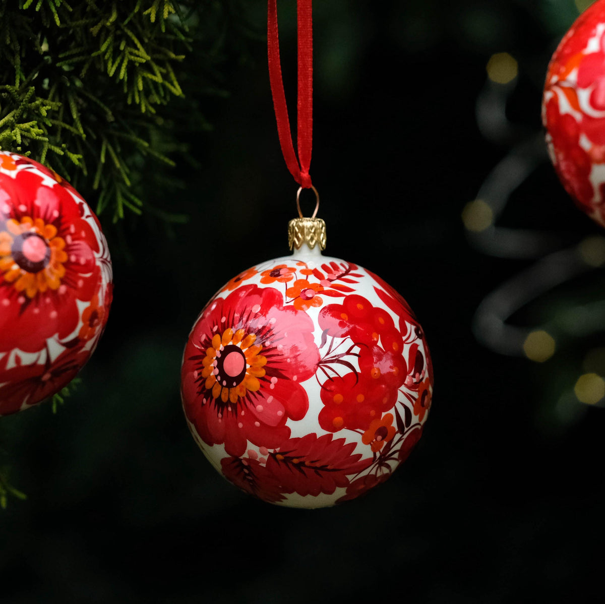Set of 2 Christmas ornaments - Hand-painted Ukrainian ball ornaments 2.4 in, Handmade red flower Petrykivka folk art baubles