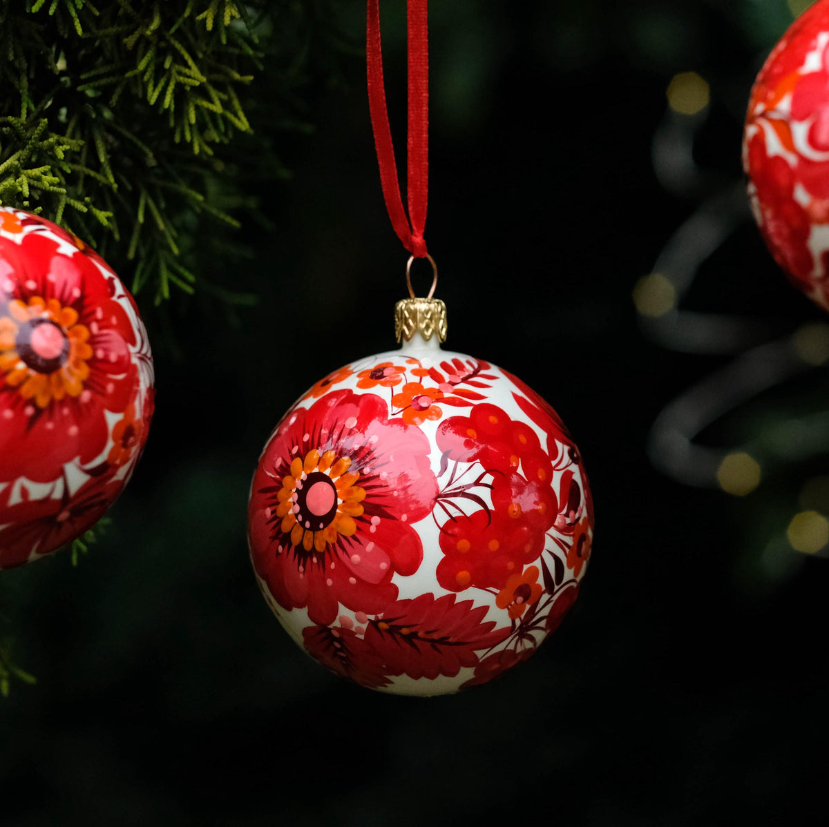Set of 4 Christmas ornaments - Hand-painted Ukrainian ball ornaments 2.4 in, Handmade red flower Petrykivka folk art baubles