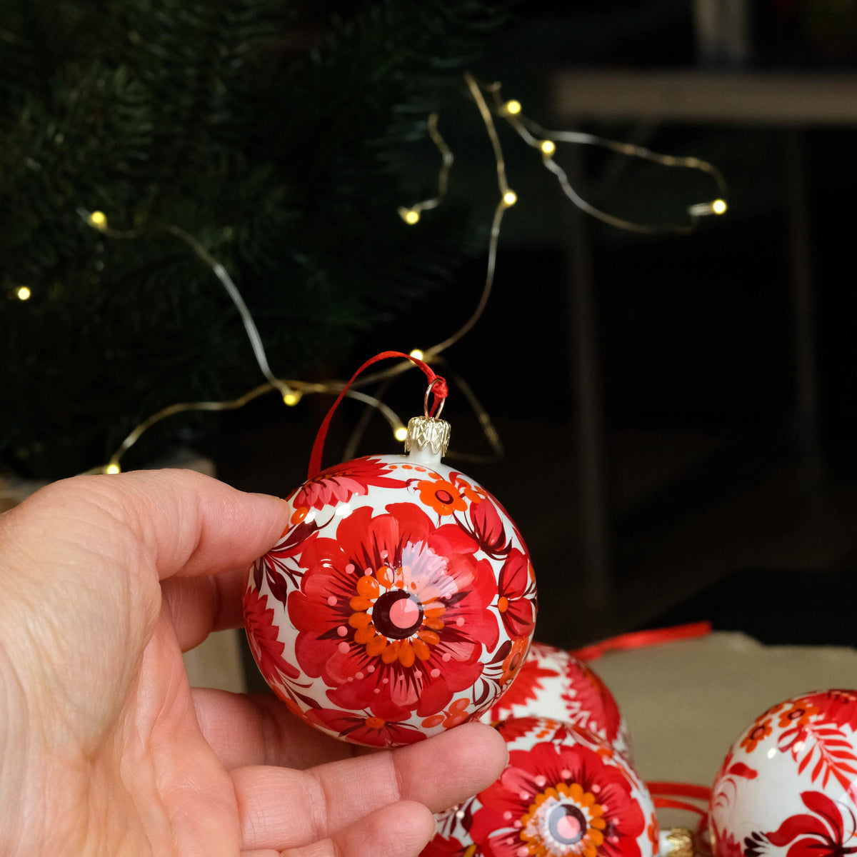 Set of 4 Christmas ornaments - Hand-painted Ukrainian ball ornaments 2.4 in, Handmade red flower Petrykivka folk art baubles