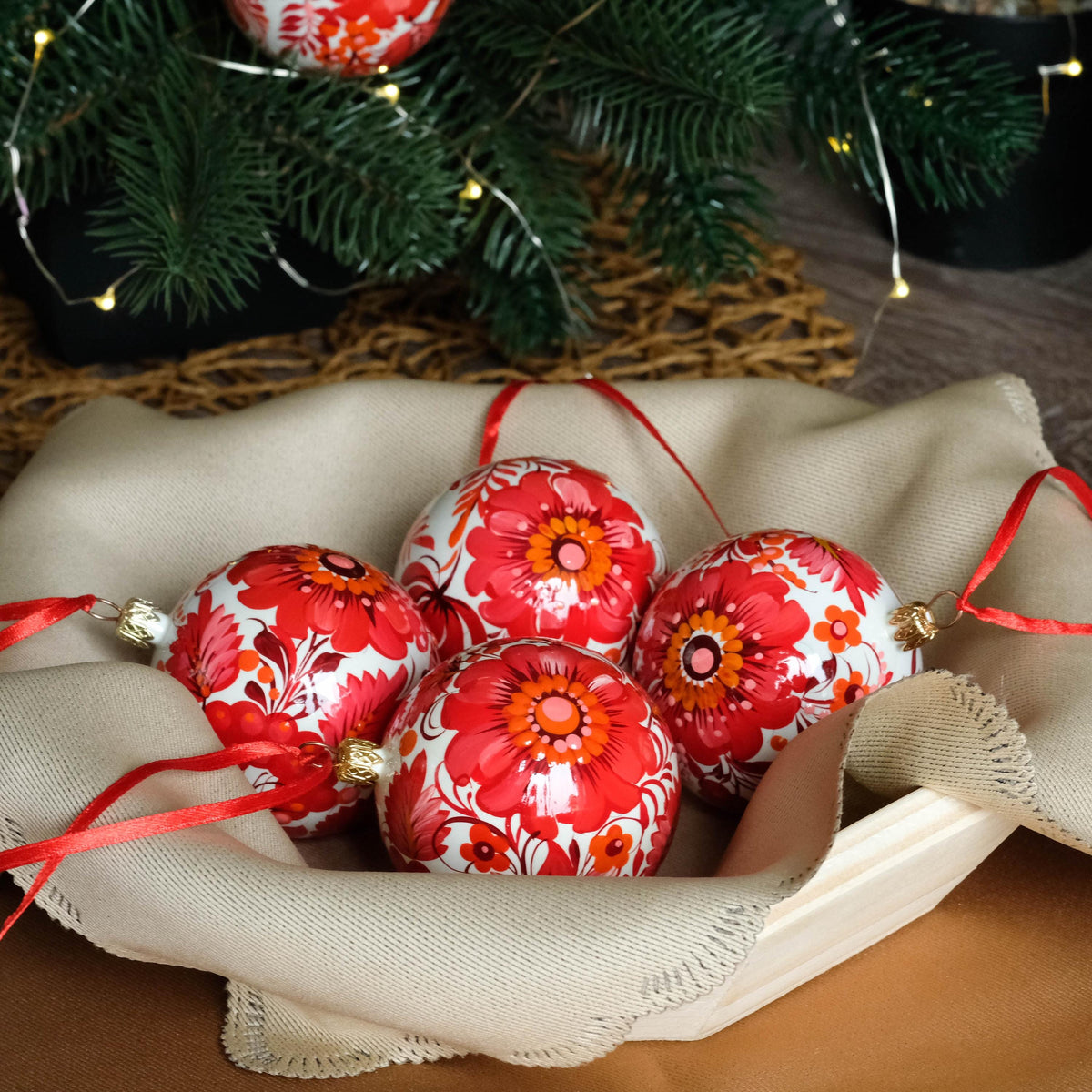 Set of 2 Christmas ornaments - Hand-painted Ukrainian ball ornaments 2.4 in, Handmade red flower Petrykivka folk art baubles