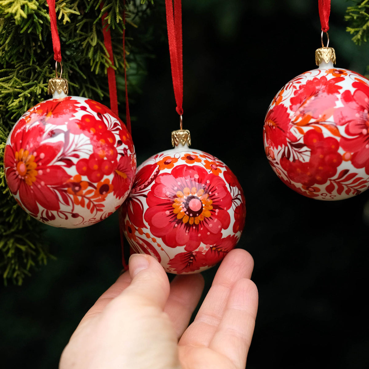 Set of 2 Christmas ornaments - Hand-painted Ukrainian ball ornaments 2.4 in, Handmade red flower Petrykivka folk art baubles