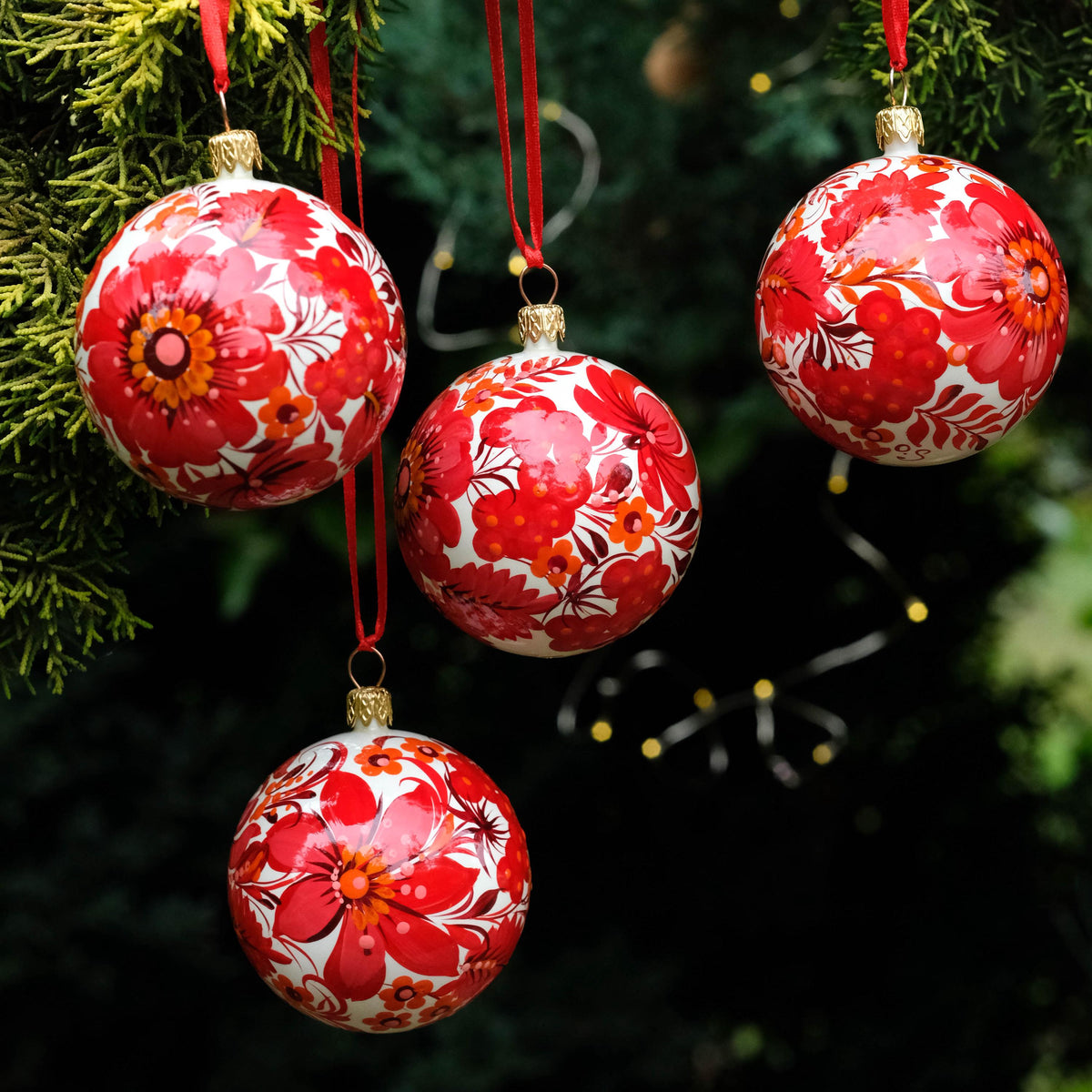 Set of 4 Christmas ornaments - Hand-painted Ukrainian ball ornaments 2.4 in, Handmade red flower Petrykivka folk art baubles