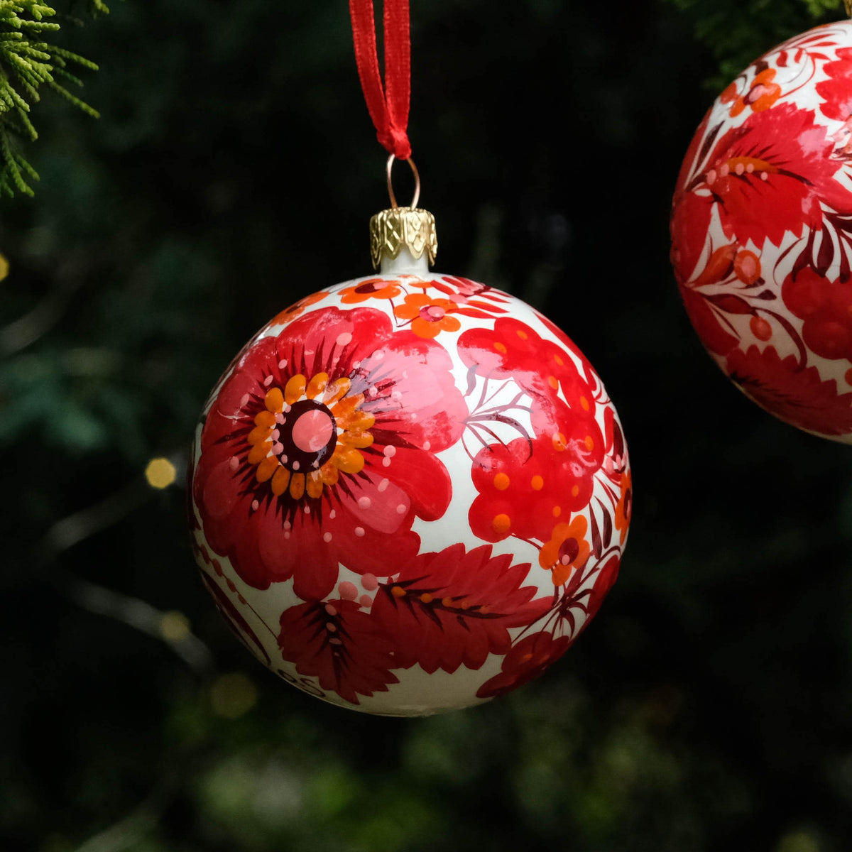 Set of 4 Christmas ornaments - Hand-painted Ukrainian ball ornaments 2.4 in, Handmade red flower Petrykivka folk art baubles