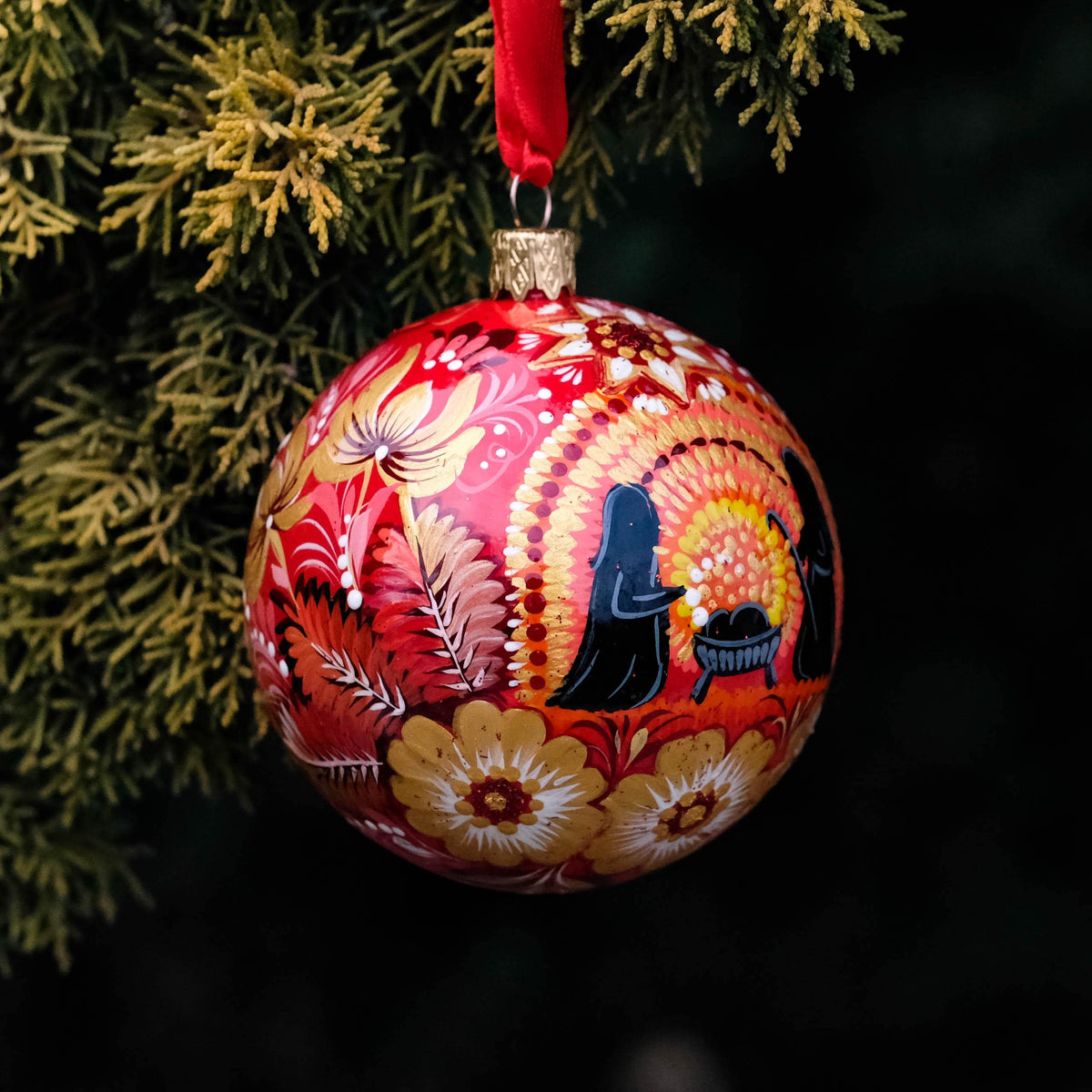 Hand-painted Nativity scene ornament - Ukrainian Folk Art Petrykivka Christmas ball, Red flower bauble ornament
