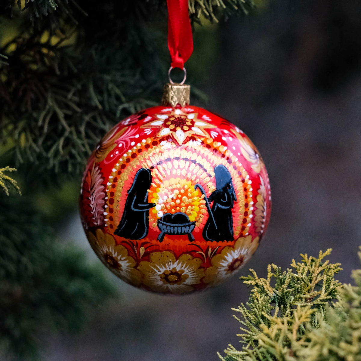 Hand-painted Nativity scene ornament - Ukrainian Folk Art Petrykivka Christmas ball, Red flower bauble ornament