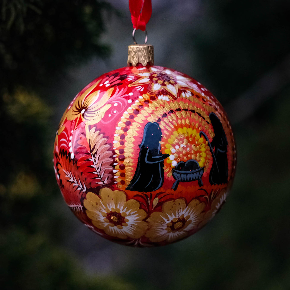 Hand-painted Nativity scene ornament - Ukrainian Folk Art Petrykivka Christmas ball, Red flower bauble ornament