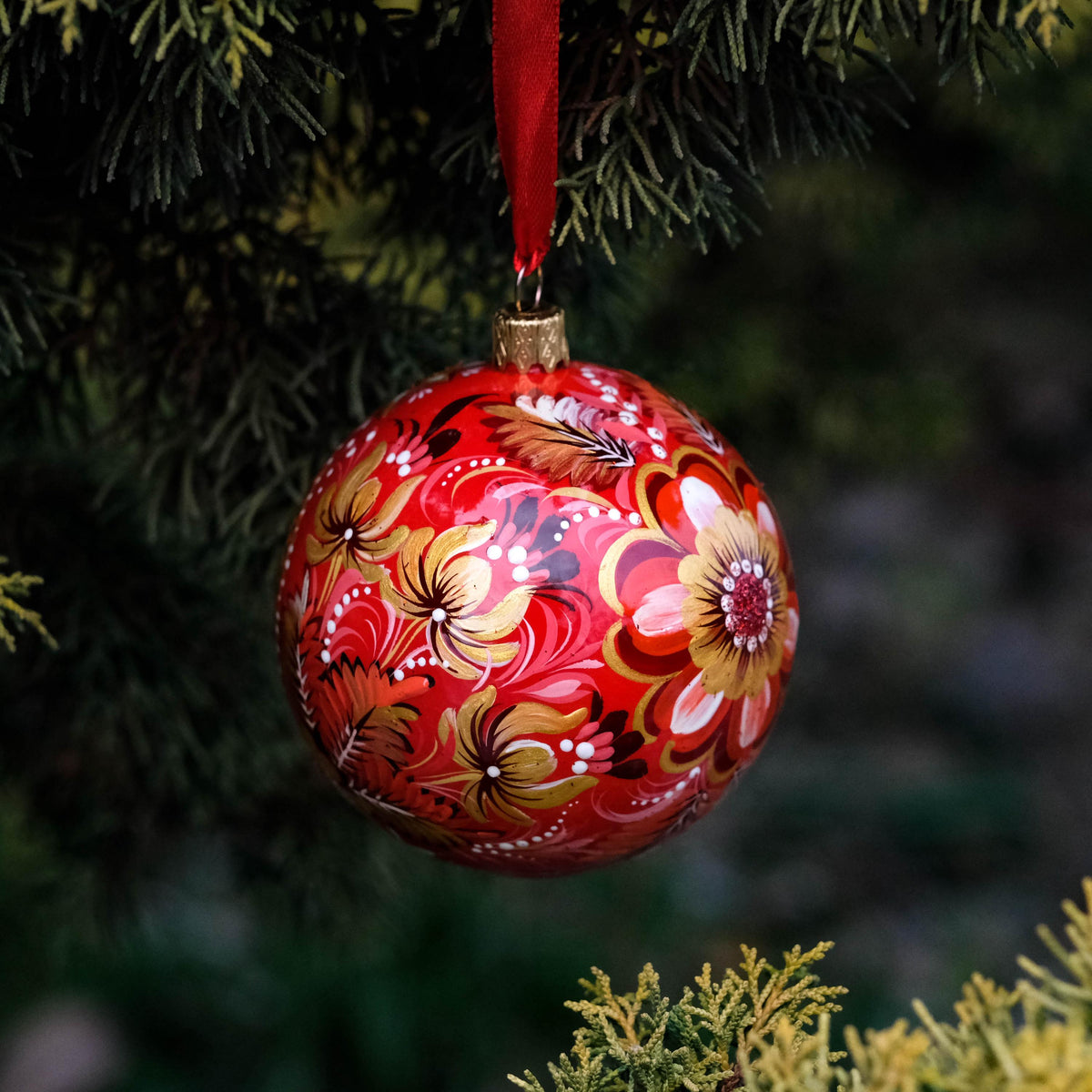 Hand-painted Nativity scene ornament - Ukrainian Folk Art Petrykivka Christmas ball, Red flower bauble ornament