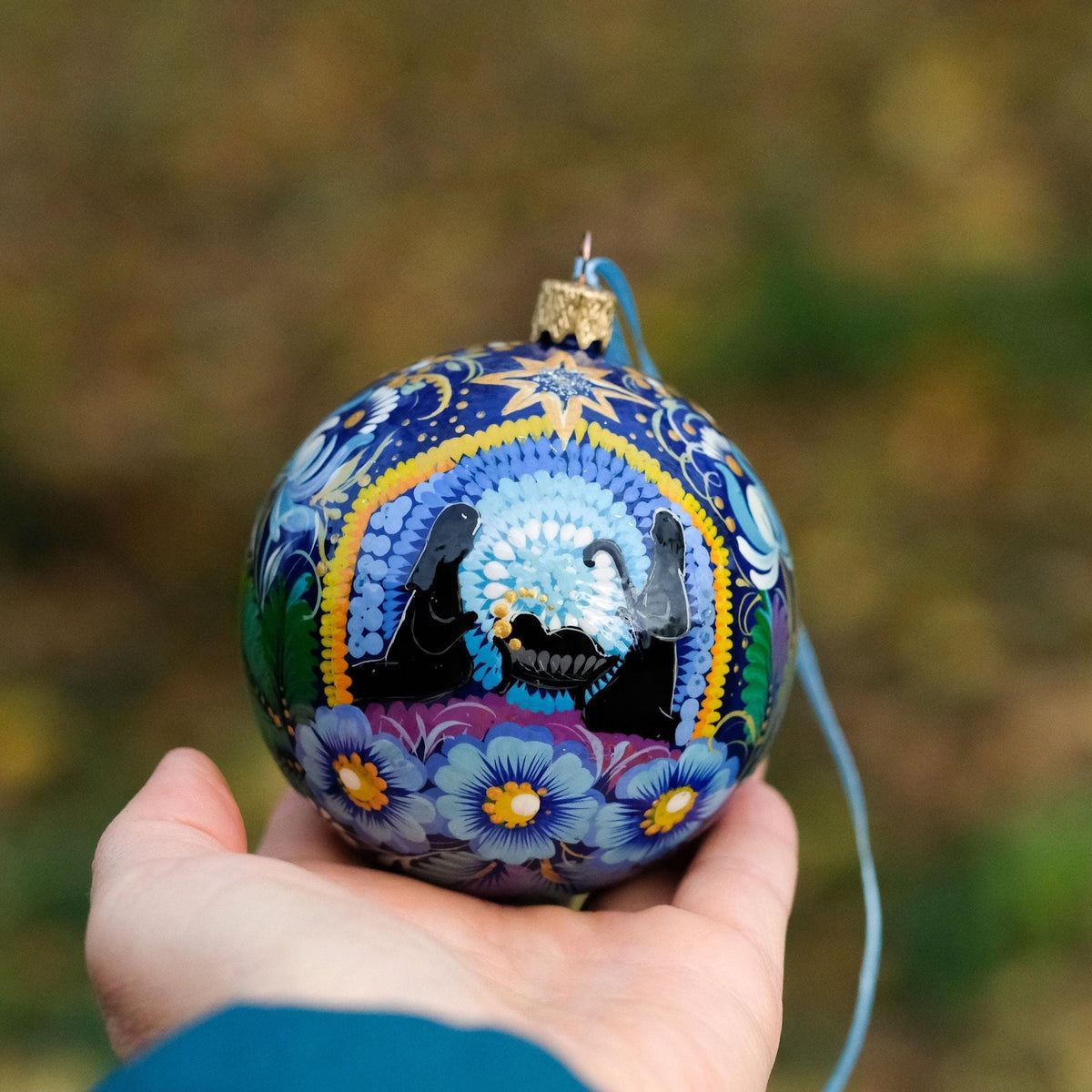Hand-painted Nativity scene ornament - Ukrainian Folk Art Petrykivka Christmas ball, Red flower bauble ornament