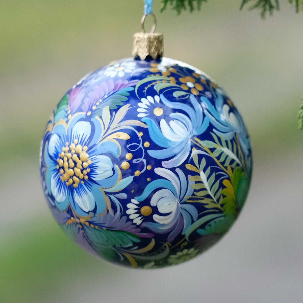 Hand-painted Nativity scene ornament - Ukrainian Folk Art Petrykivka Christmas ball, Red flower bauble ornament
