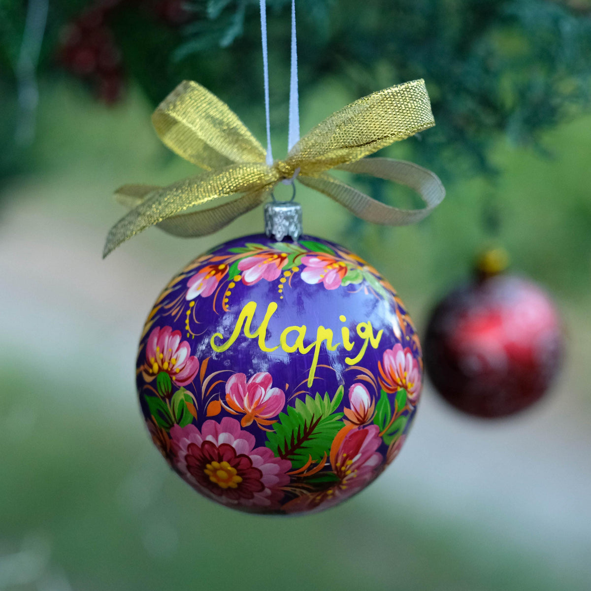 Painted Spike of Wheat Christmas Ball Ornament with Ukrainian Folk Art Petrykivka - Personalized Christmas Bauble