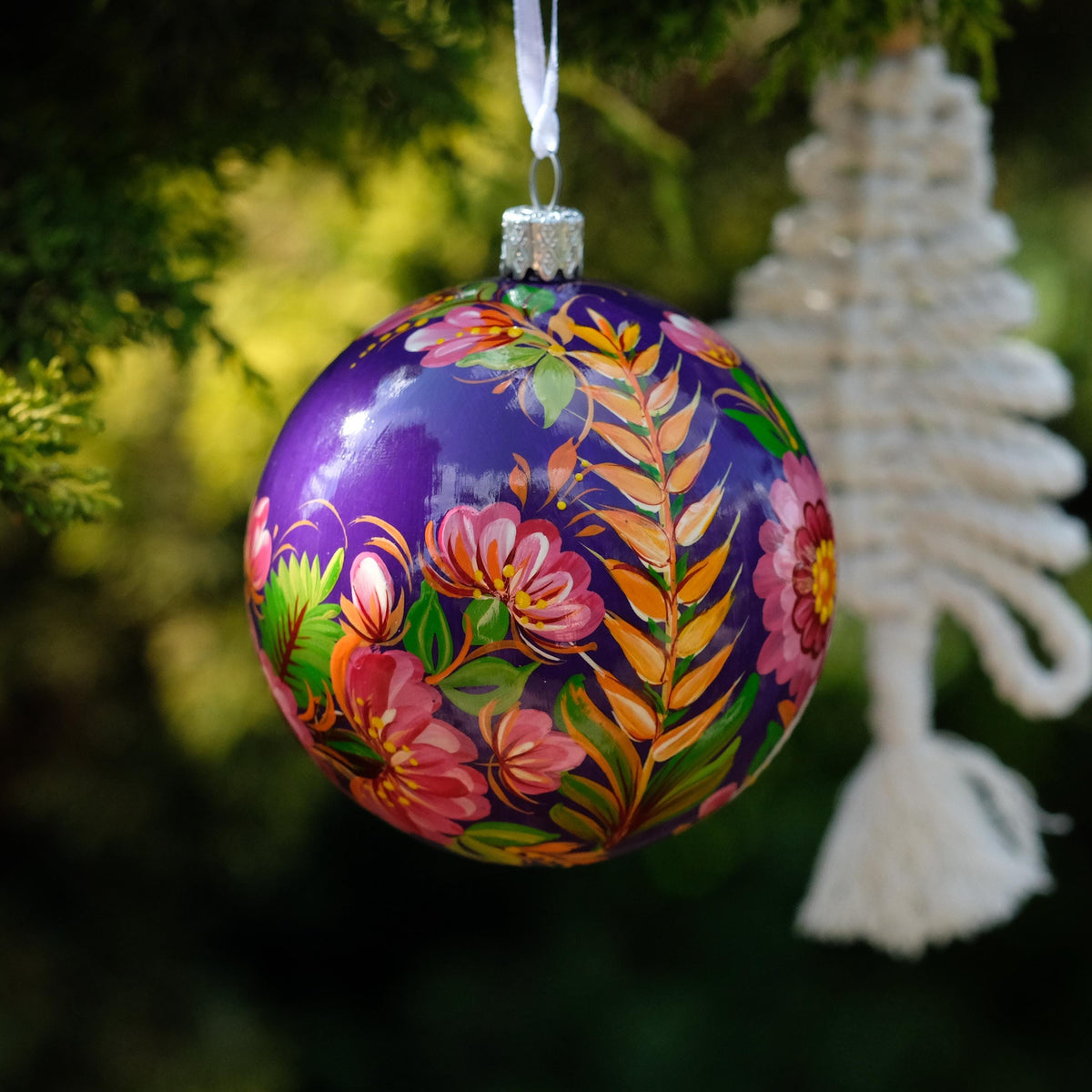 Painted Spike of Wheat Christmas Ball Ornament with Ukrainian Folk Art Petrykivka - Personalized Christmas Bauble