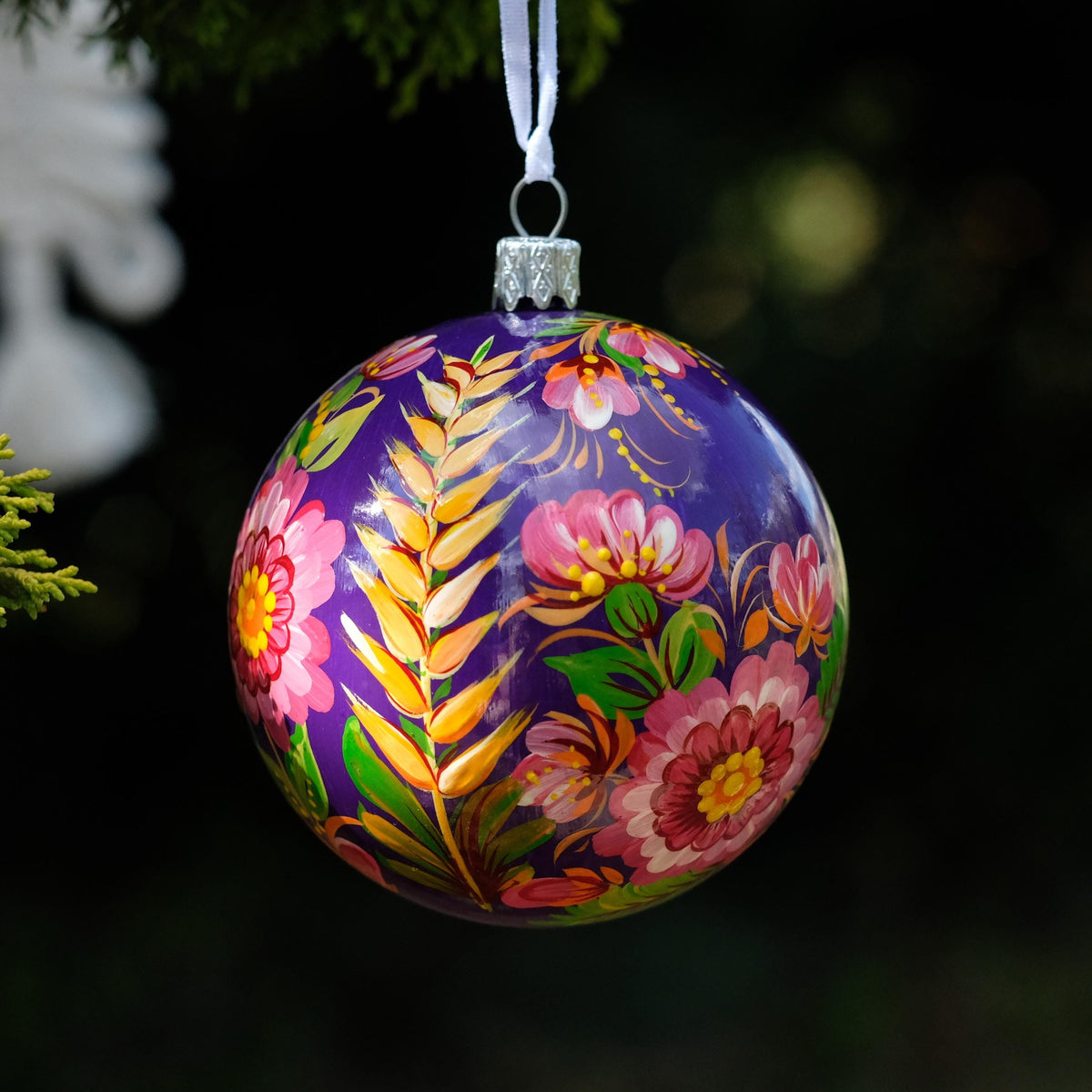 Hand-Painted Ukrainian Christmas Ornament – Personalized Petrykivka Folk Art Bauble with Wheat Spike