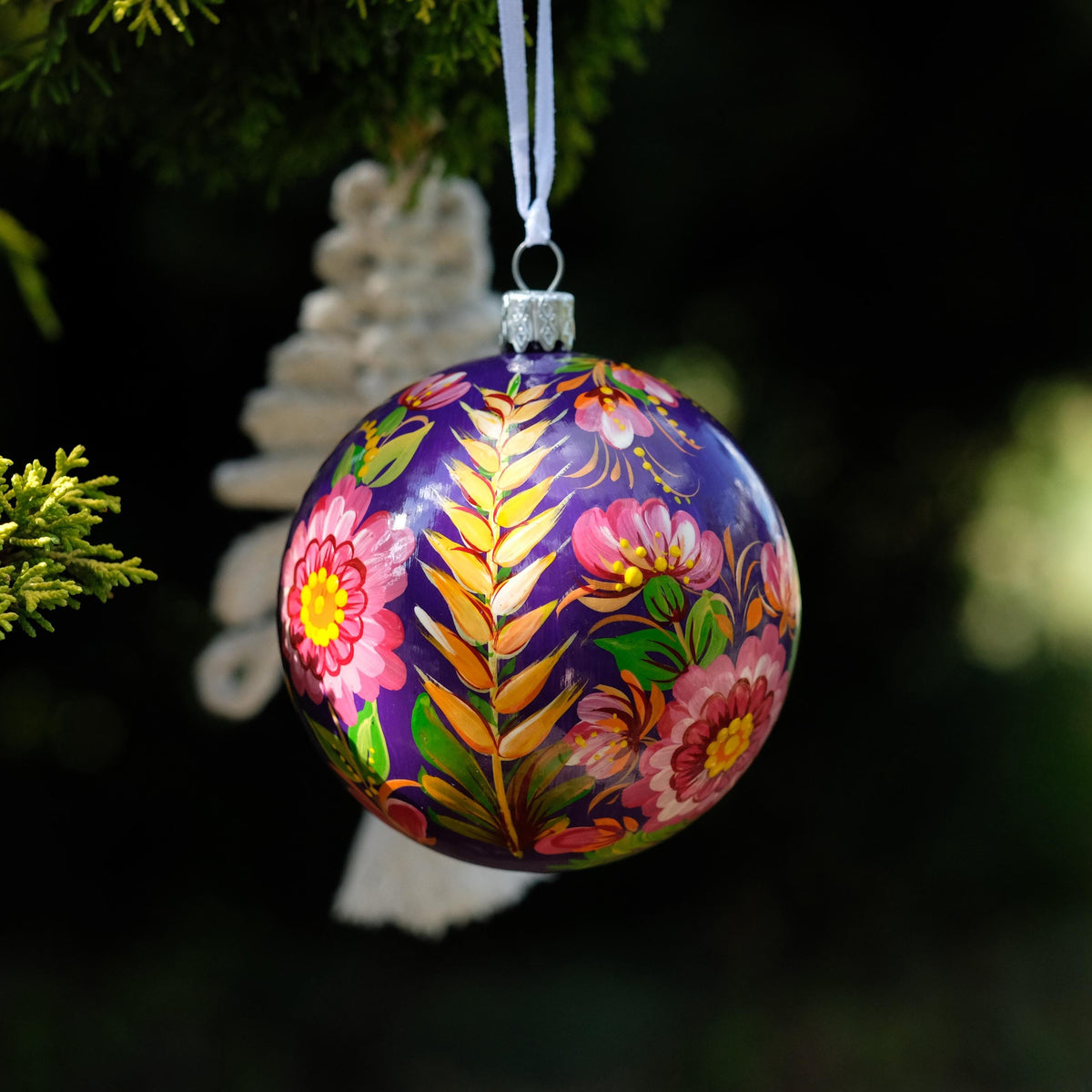 Hand-Painted Ukrainian Christmas Ornament – Personalized Petrykivka Folk Art Bauble with Wheat Spike