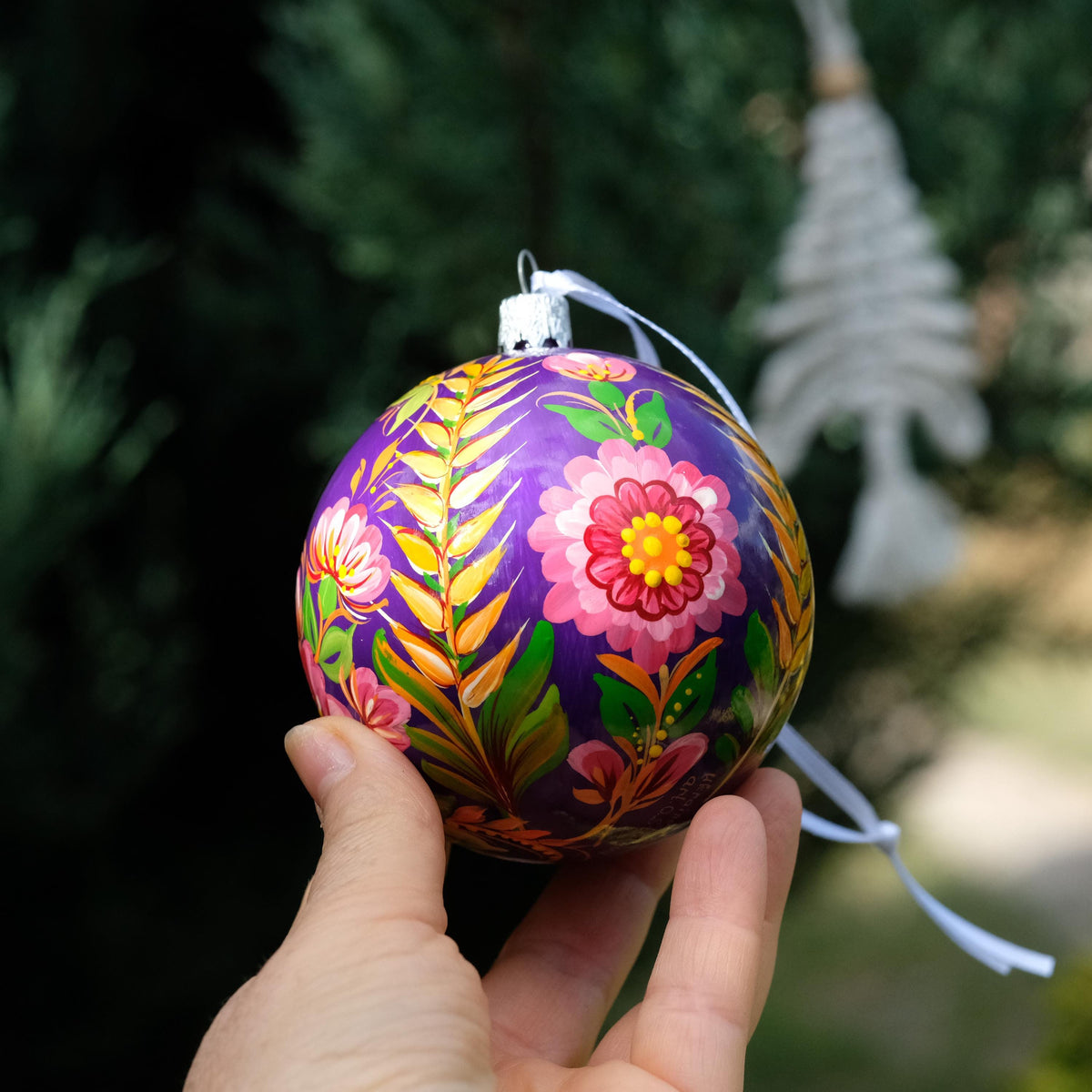 Painted Spike of Wheat Christmas Ball Ornament with Ukrainian Folk Art Petrykivka - Personalized Christmas Bauble