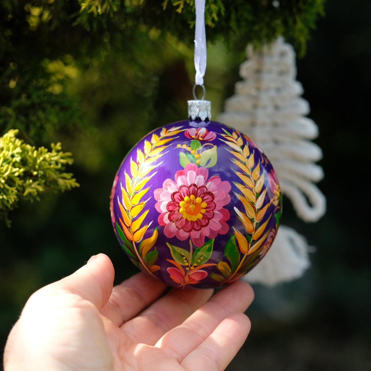 Hand-Painted Ukrainian Christmas Ornament – Personalized Petrykivka Folk Art Bauble with Wheat Spike