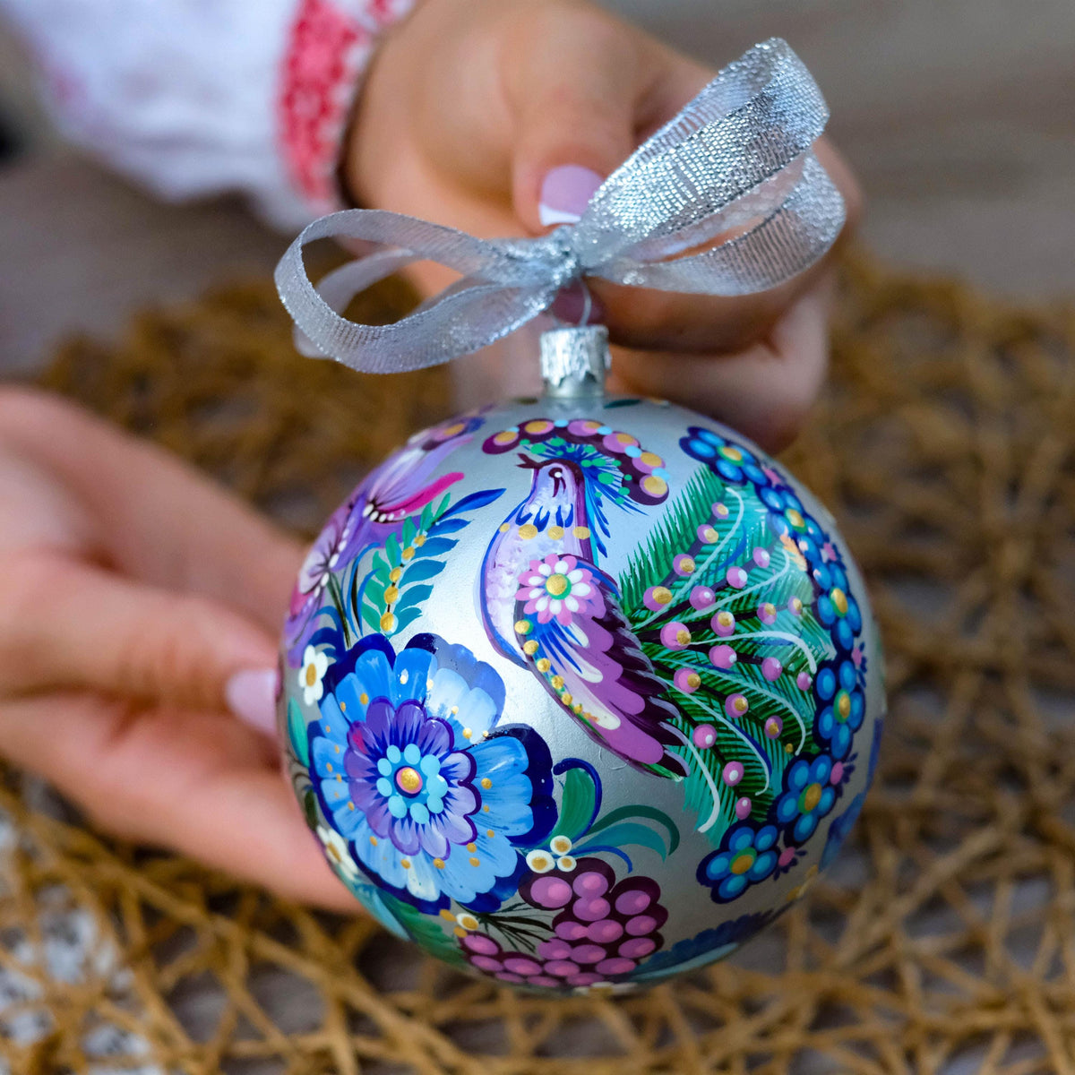 Hand-painted Bird Christmas Ornament with Ukrainian Folk Art Petrykivka