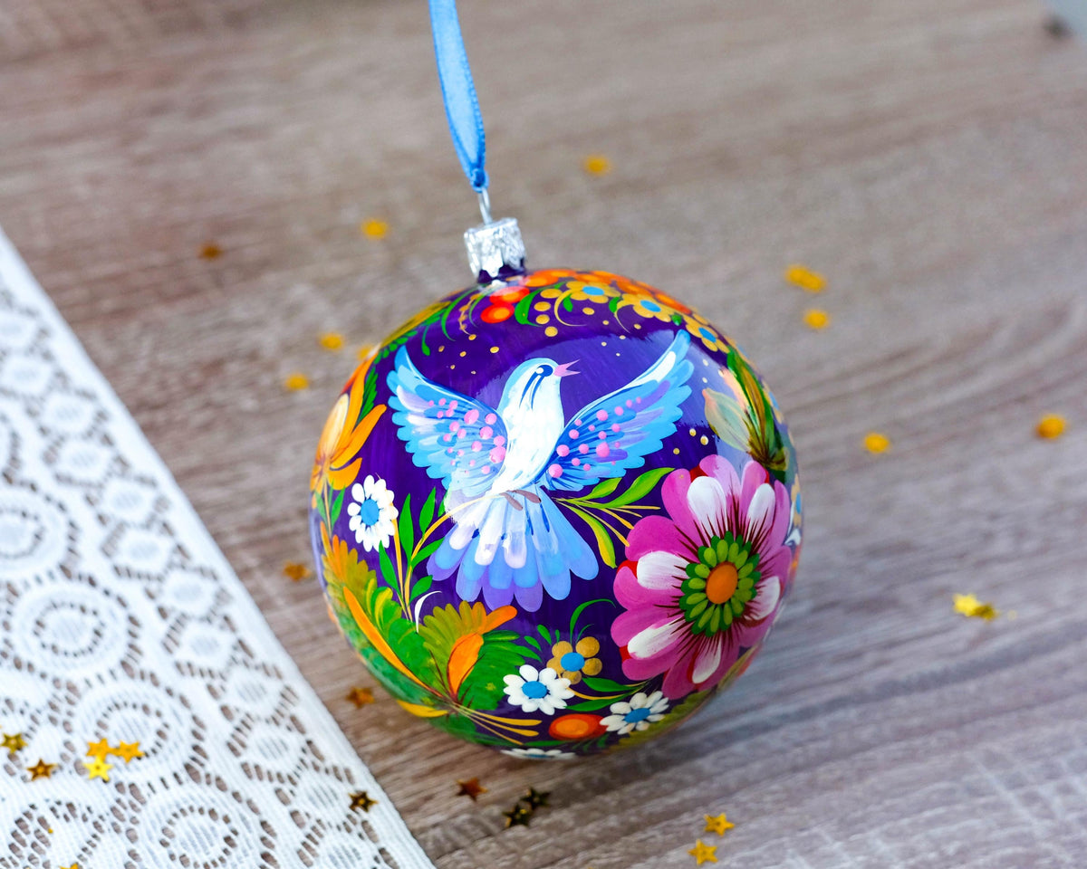 Painted Ukrainian Dove Christmas Ball - Tradotional Folk Art Petrykivka Pigeon Ornament