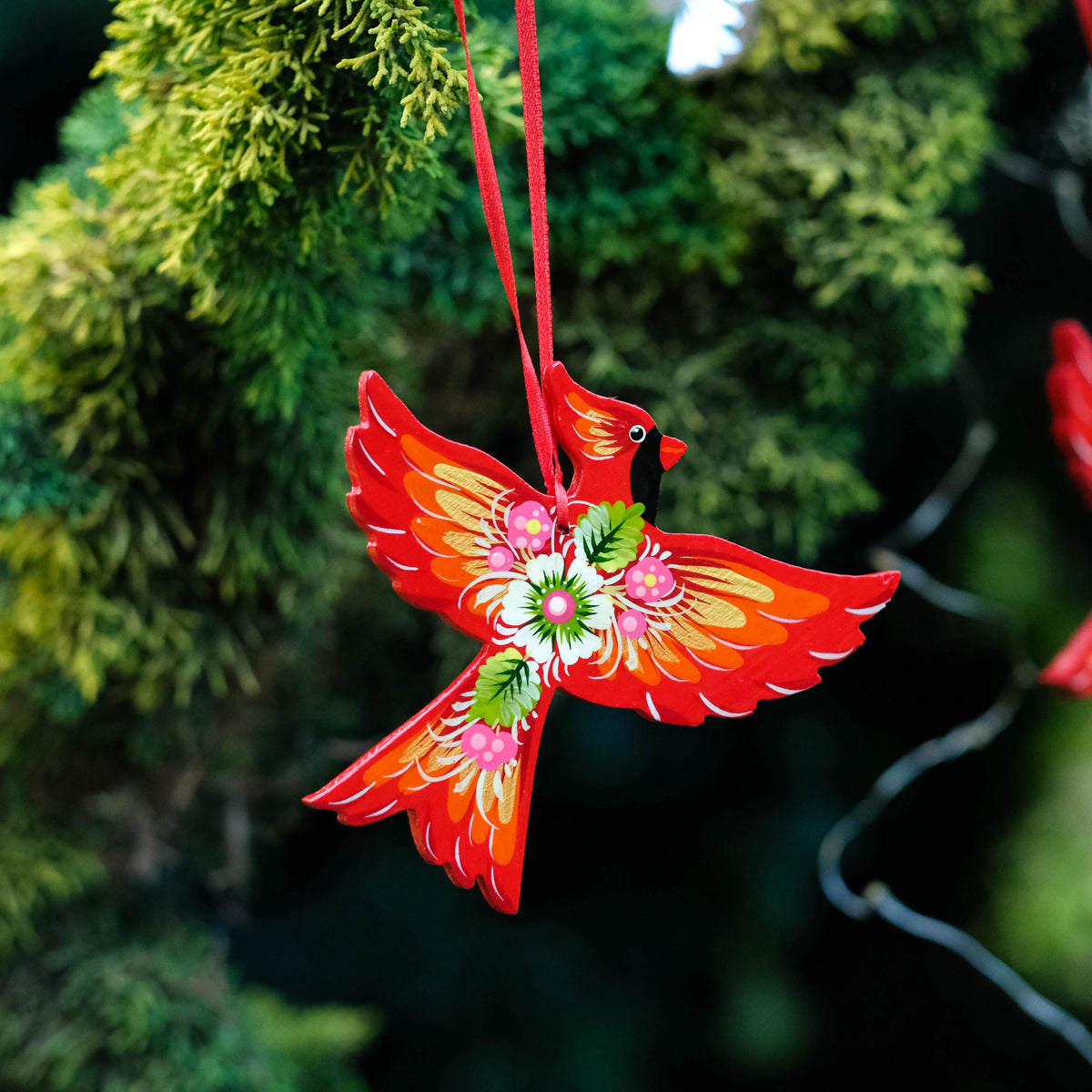 Painted Wooden Cardinal Ornament - Petrykivka Folk Art, Ukrainian Bird Christmas Decoration