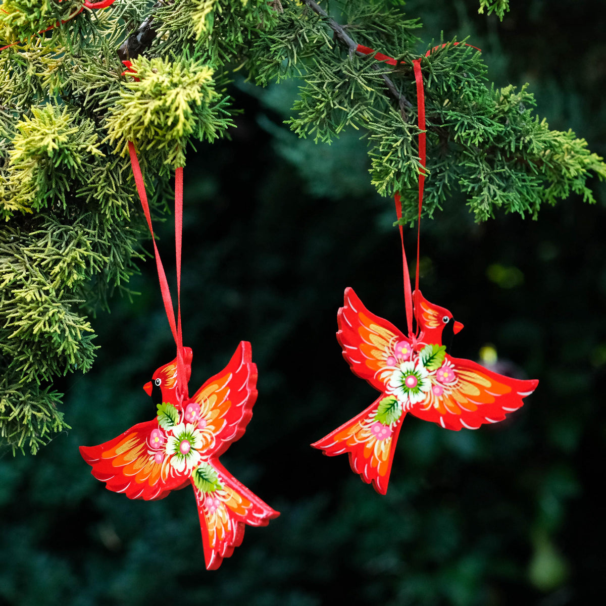 Painted Wooden Cardinal Ornament - Petrykivka Folk Art, Ukrainian Bird Christmas Decoration