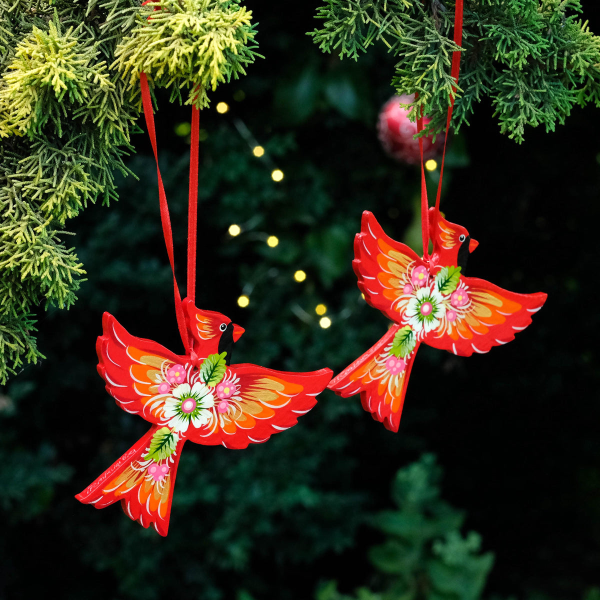 Painted Wooden Cardinal Ornament - Petrykivka Folk Art, Ukrainian Bird Christmas Decoration