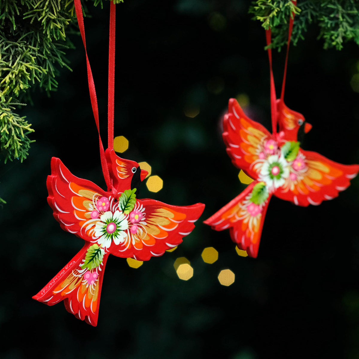 Painted Wooden Cardinal Ornament - Petrykivka Folk Art, Ukrainian Bird Christmas Decoration
