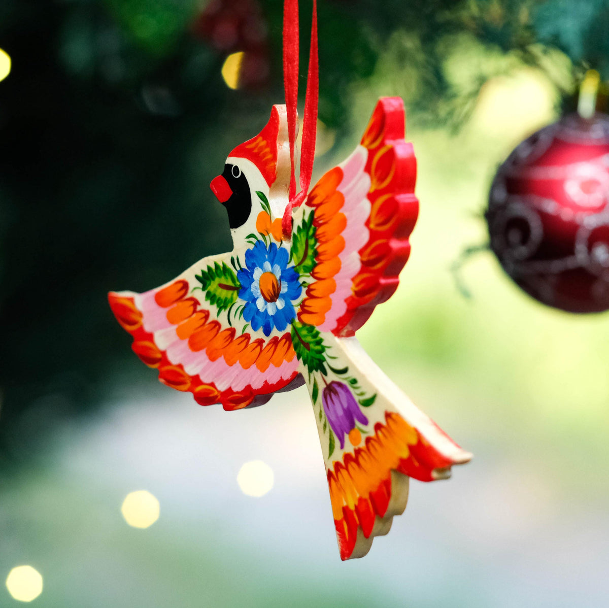 Painted Cardinal Christmas Ornament - Hand-painted Wooden Bird Tree Decoration with Ukrainian Petrykivka Folk Art