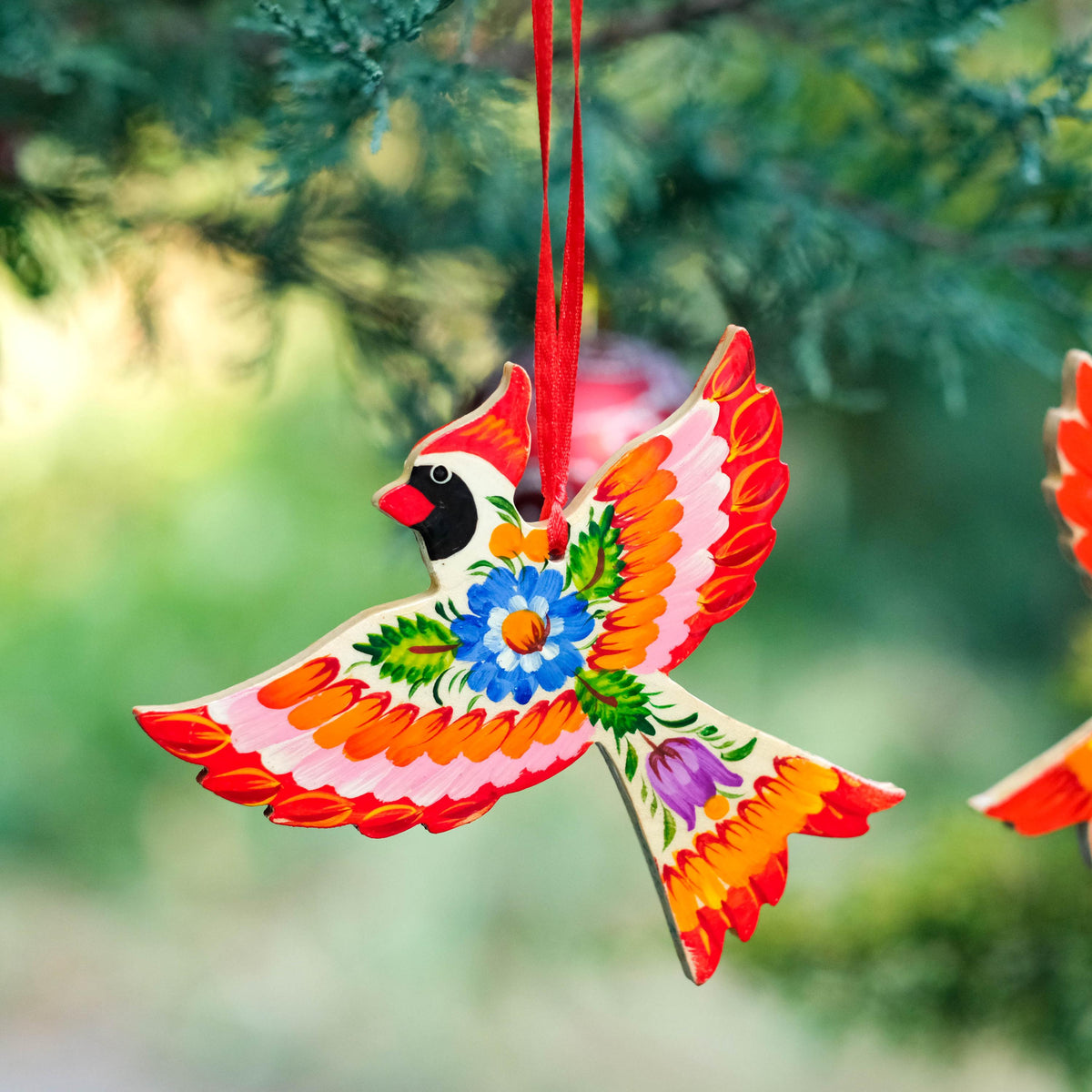 Painted Cardinal Christmas Ornament - Hand-painted Wooden Bird Tree Decoration with Ukrainian Petrykivka Folk Art