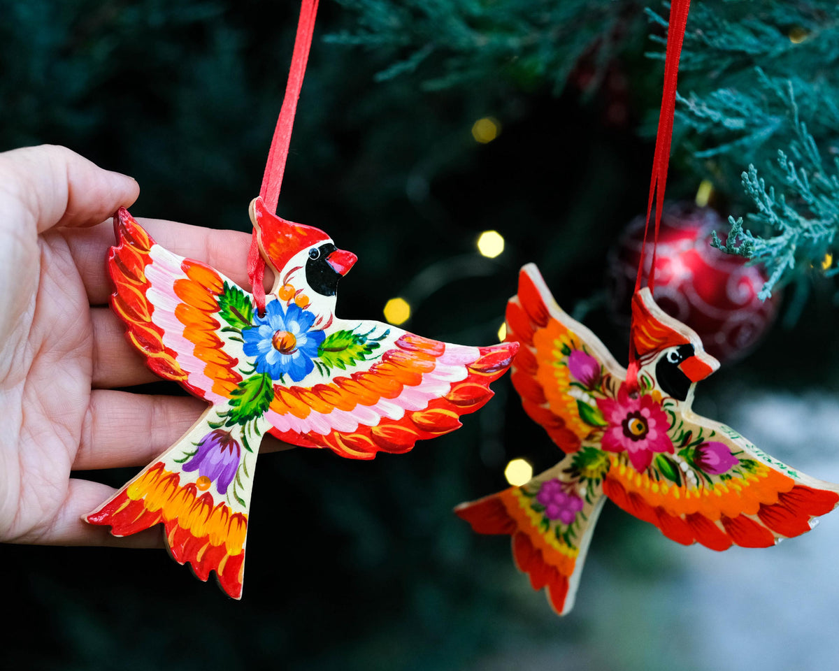 Painted Cardinal Christmas Ornament - Hand-painted Wooden Bird Tree Decoration with Ukrainian Petrykivka Folk Art