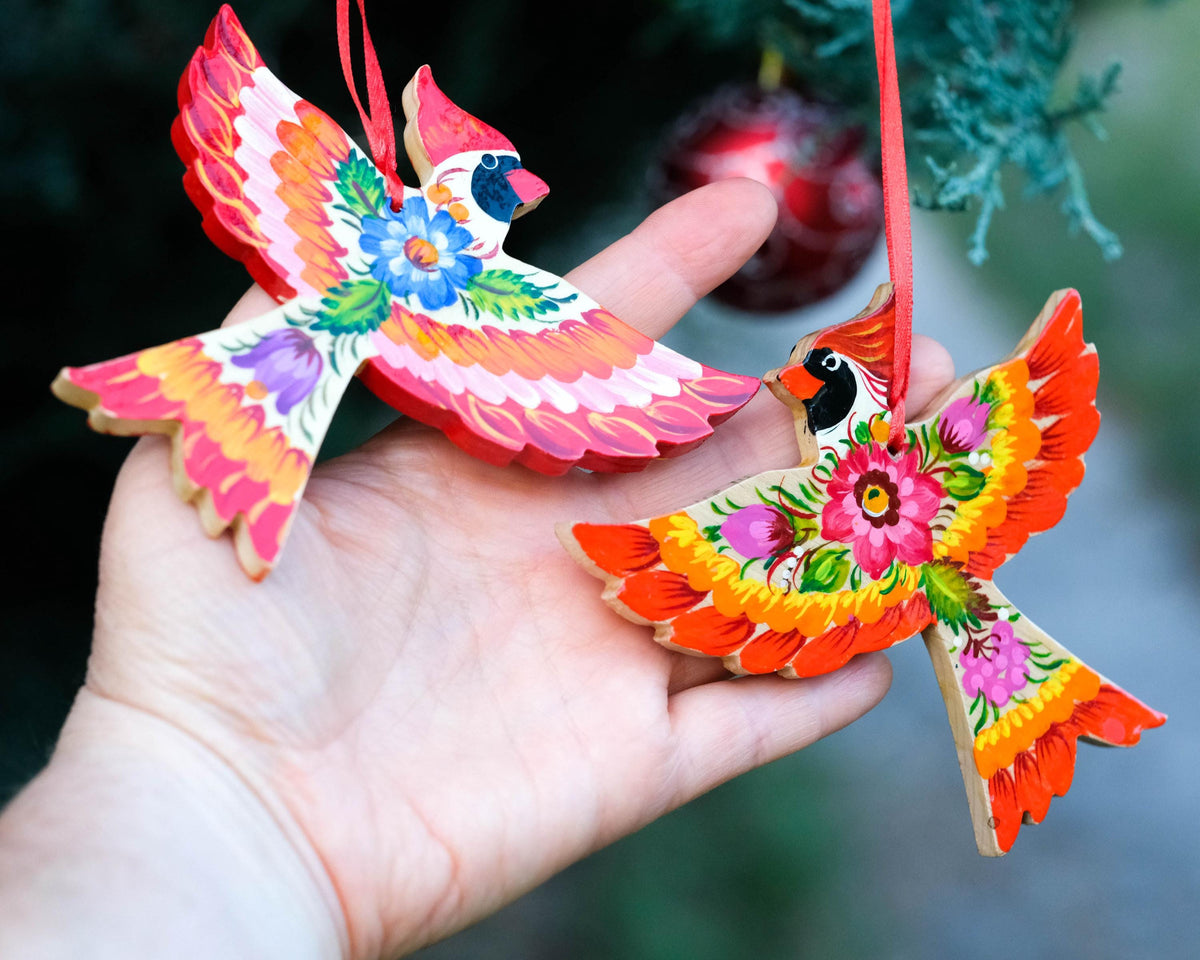 Painted Cardinal Christmas Ornament - Hand-painted Wooden Bird Tree Decoration with Ukrainian Petrykivka Folk Art