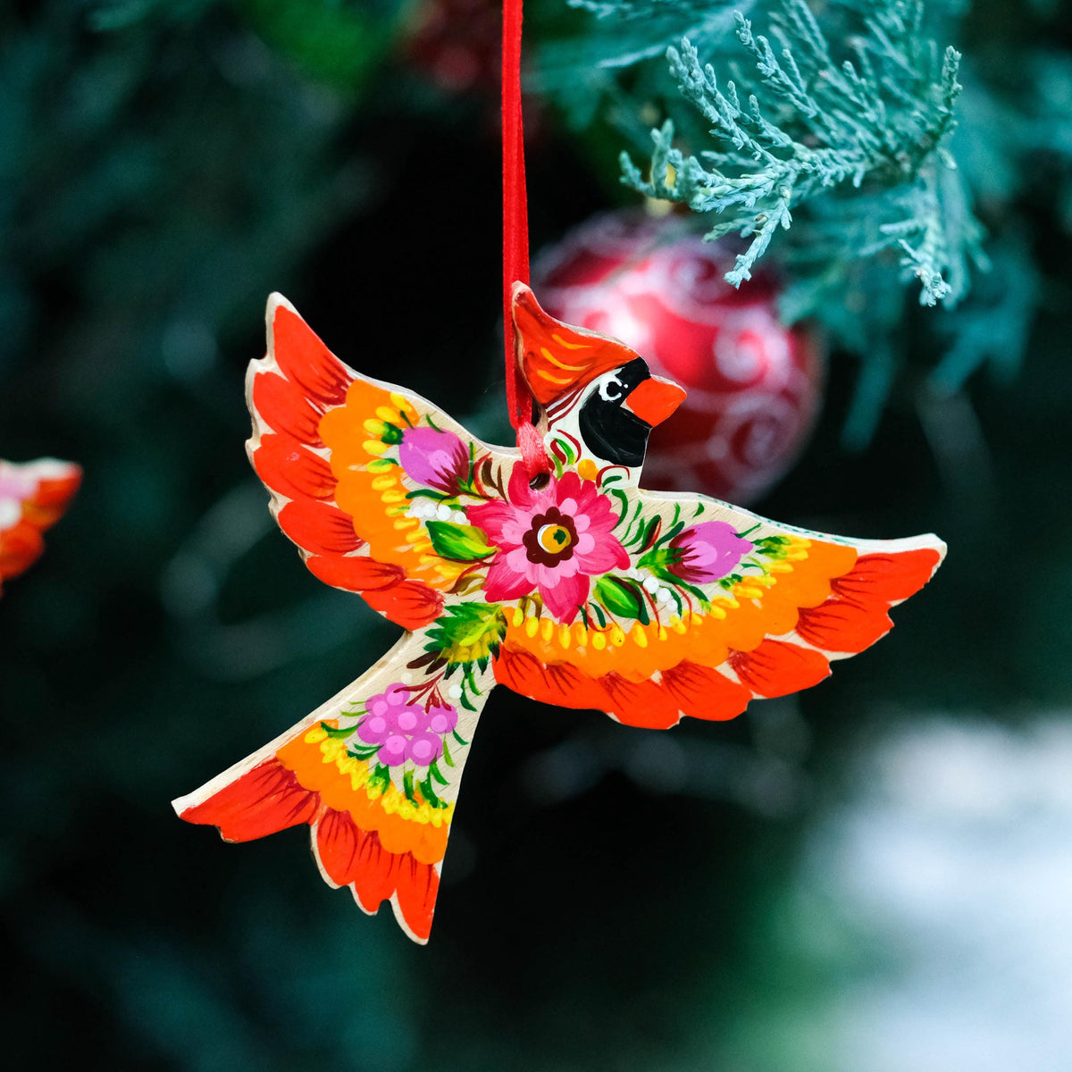 Painted Cardinal Christmas Ornament - Handmade Wooden Bird Tree Decoration with Ukrainian Petrykivka Folk Art