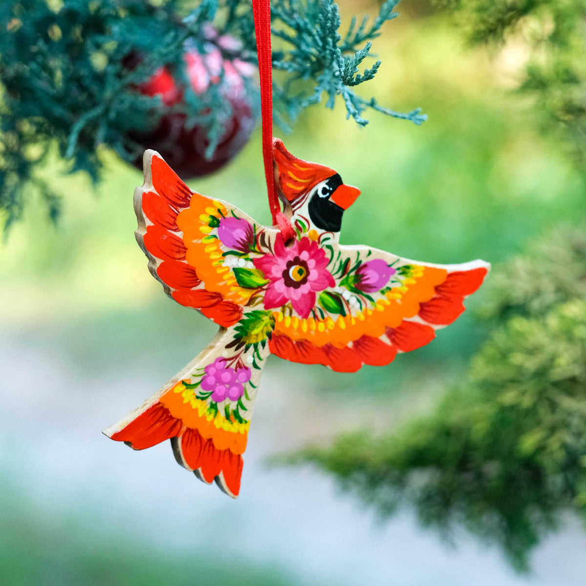 Painted Cardinal Christmas Ornament - Hand-painted Wooden Bird Tree Decoration with Ukrainian Petrykivka Folk Art