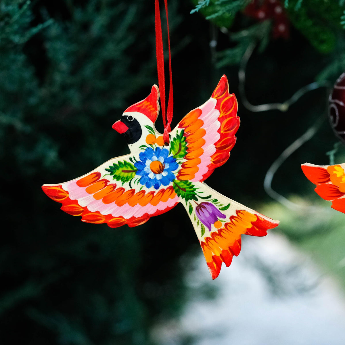Painted Cardinal Christmas Ornament - Hand-painted Wooden Bird Tree Decoration with Ukrainian Petrykivka Folk Art