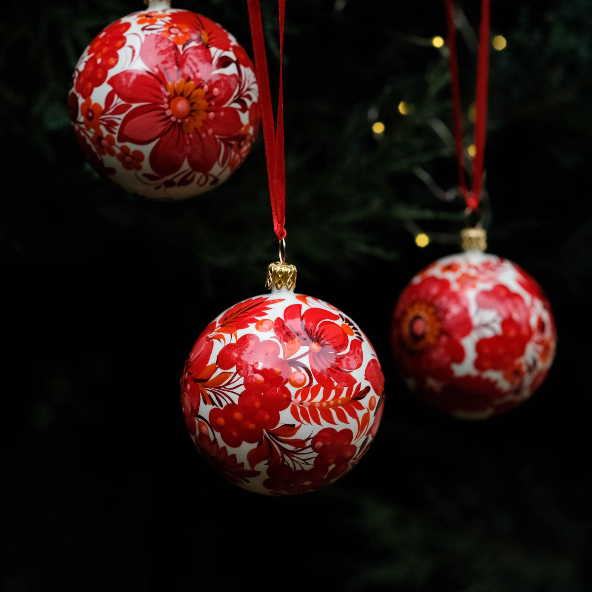 Set of 2 Christmas ornaments - Hand-painted Ukrainian ball ornaments 2.4 in, Handmade red flower Petrykivka folk art baubles