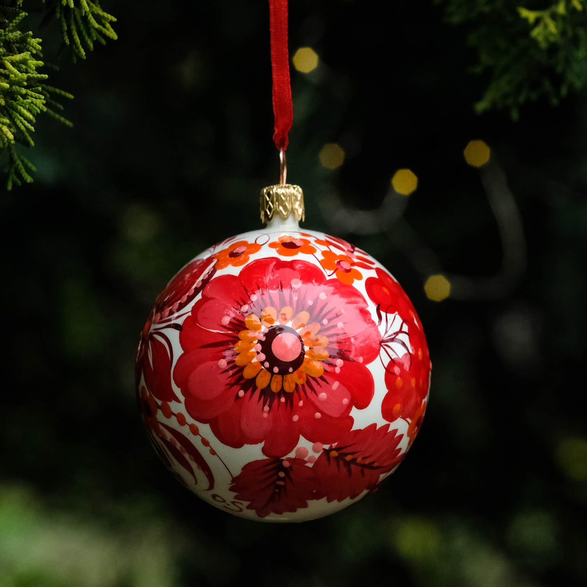 Set of 2 Christmas ornaments - Hand-painted Ukrainian ball ornaments 2.4 in, Handmade red flower Petrykivka folk art baubles