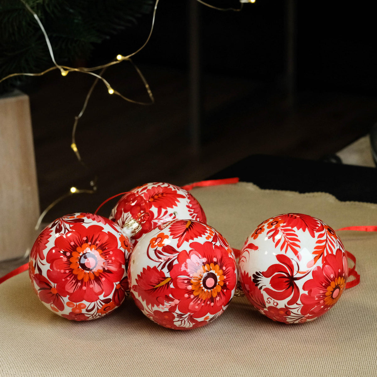 Set of 2 Christmas ornaments - Hand-painted Ukrainian ball ornaments 2.4 in, Handmade red flower Petrykivka folk art baubles