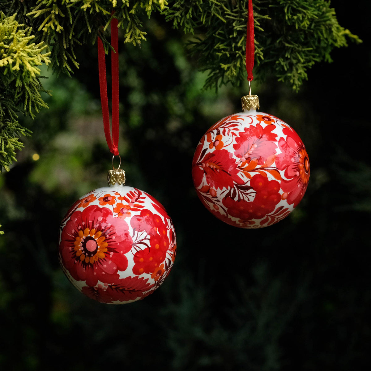 Set of 2 Christmas ornaments - Hand-painted Ukrainian ball ornaments 2.4 in, Handmade red flower Petrykivka folk art baubles