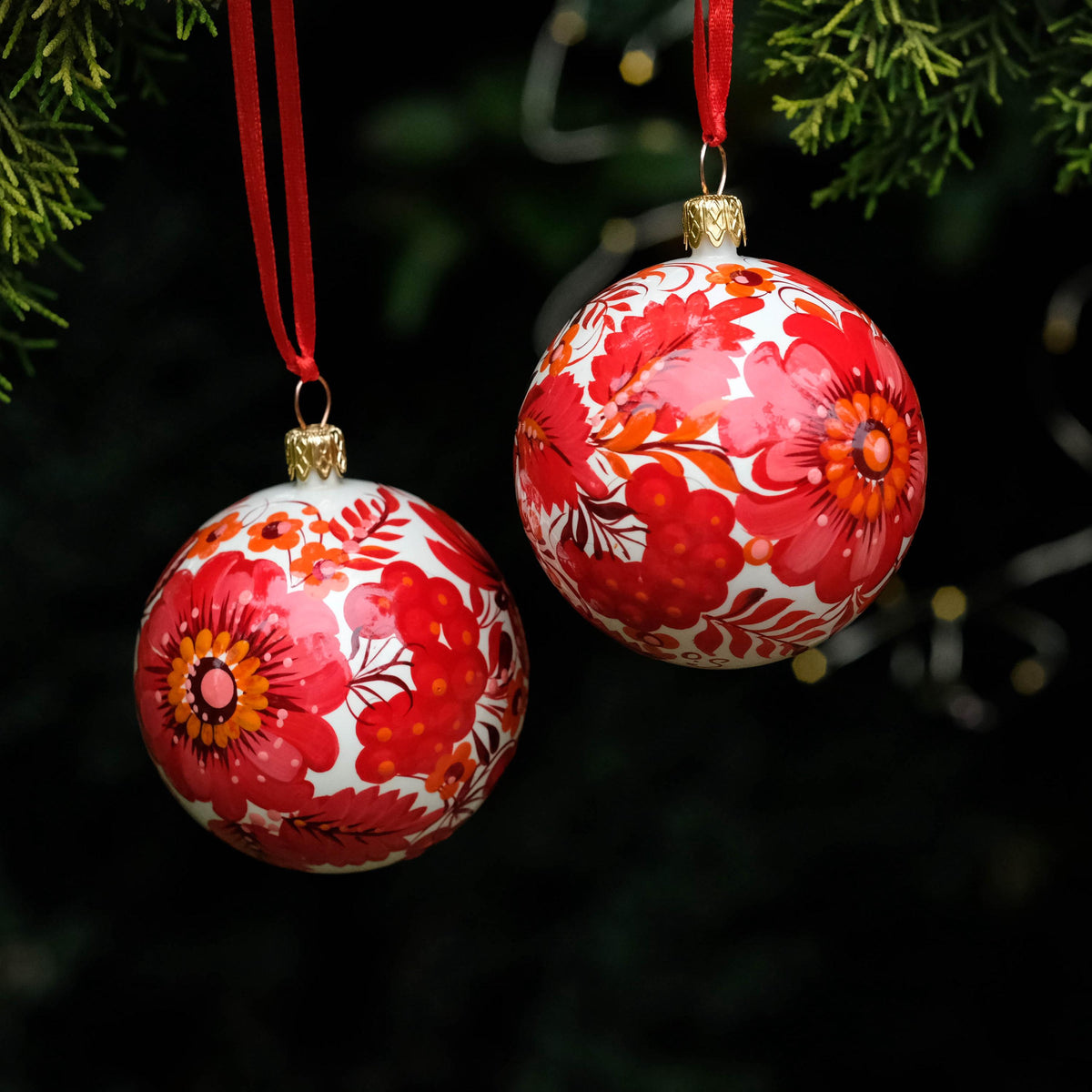 Set of 2 Christmas ornaments - Hand-painted Ukrainian ball ornaments 2.4 in, Handmade red flower Petrykivka folk art baubles