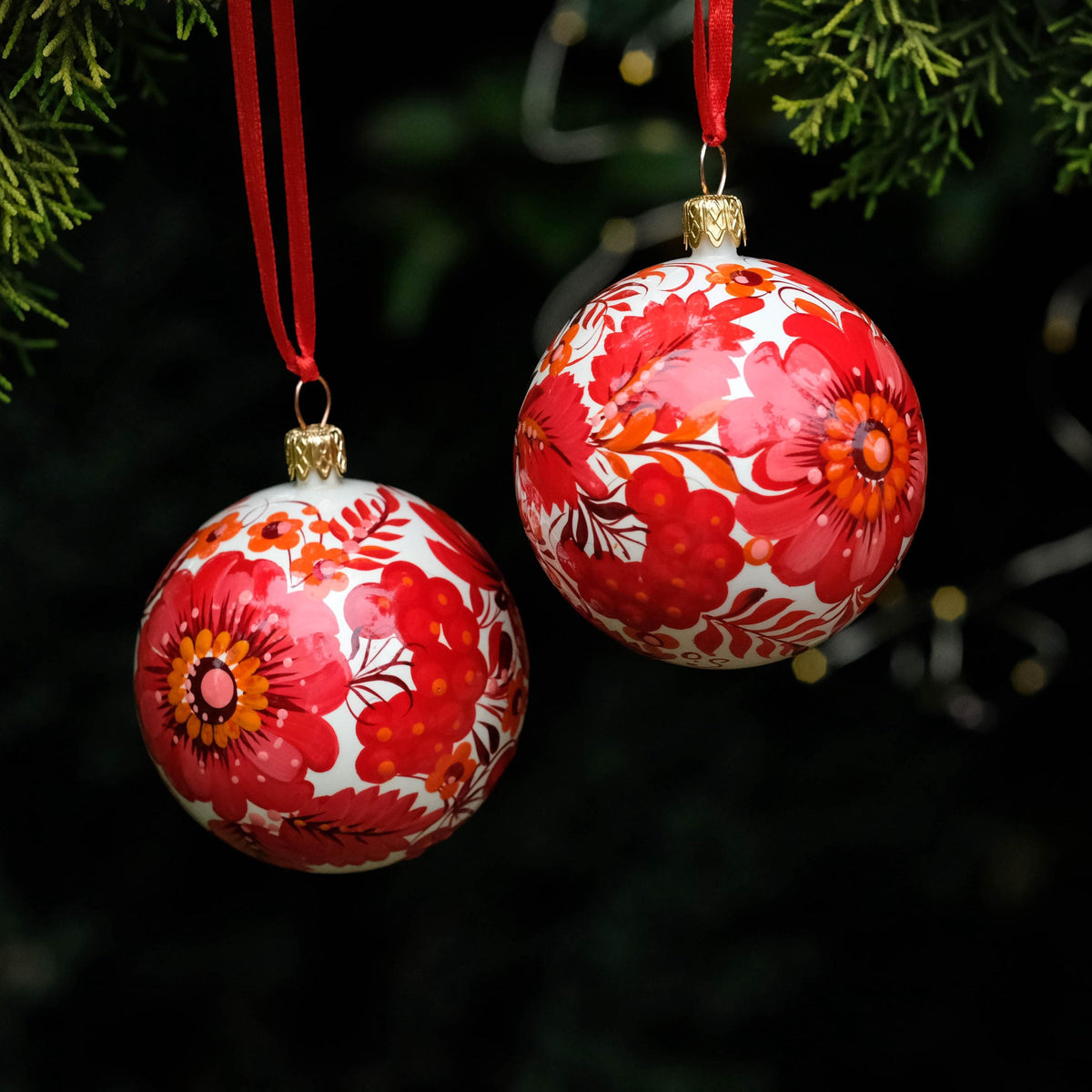Set of 4 Christmas ornaments - Hand-painted Ukrainian ball ornaments 2.4 in, Handmade red flower Petrykivka folk art baubles